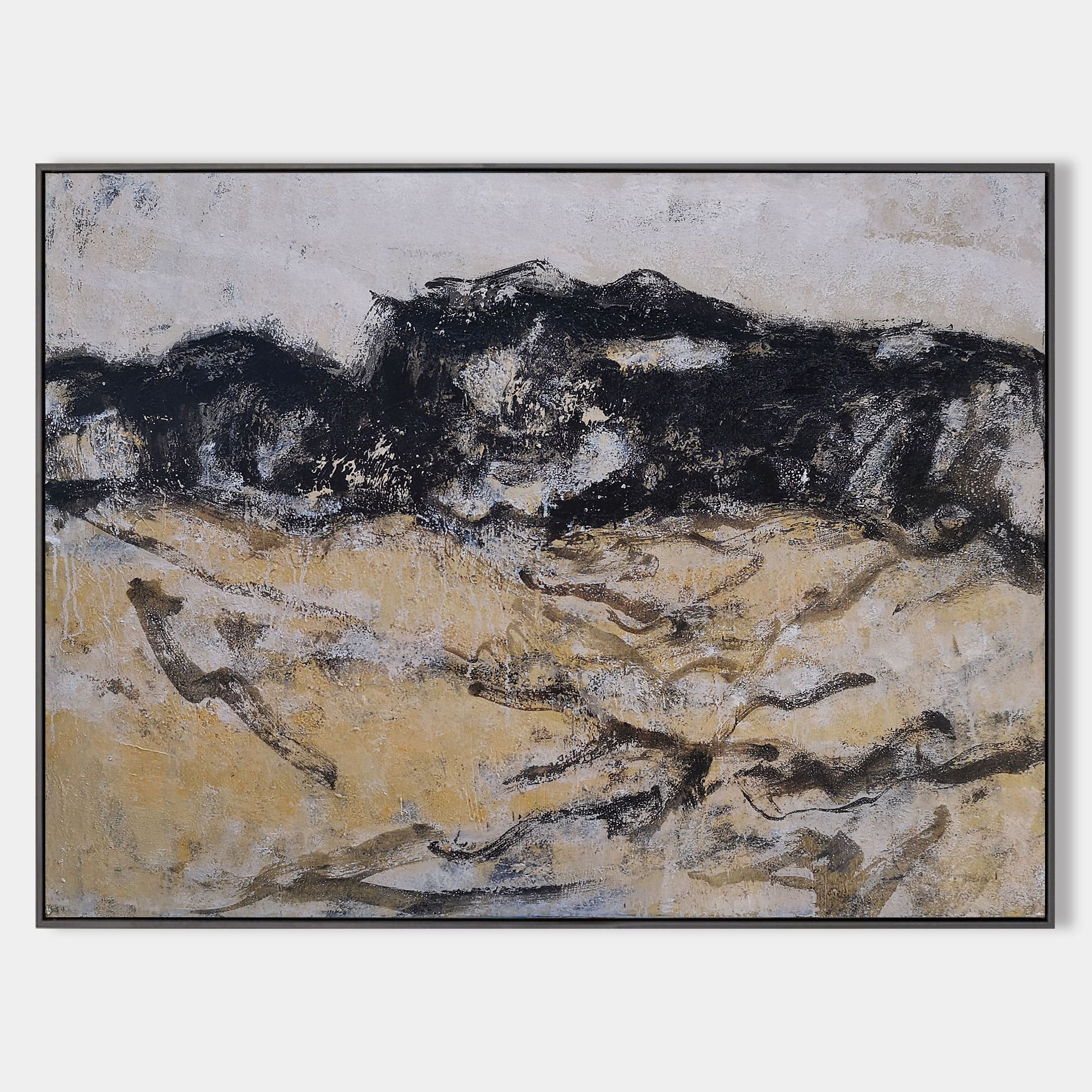 Original hand painted black ochre abstract mountain landscape oil painting canvas wall art, nordic scandinavian elegant luxury modern h