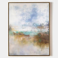 Original hand painted misty blue teal ochre abstract landscape oil painting canvas wall art, nordic scandinavian elegant luxury modern