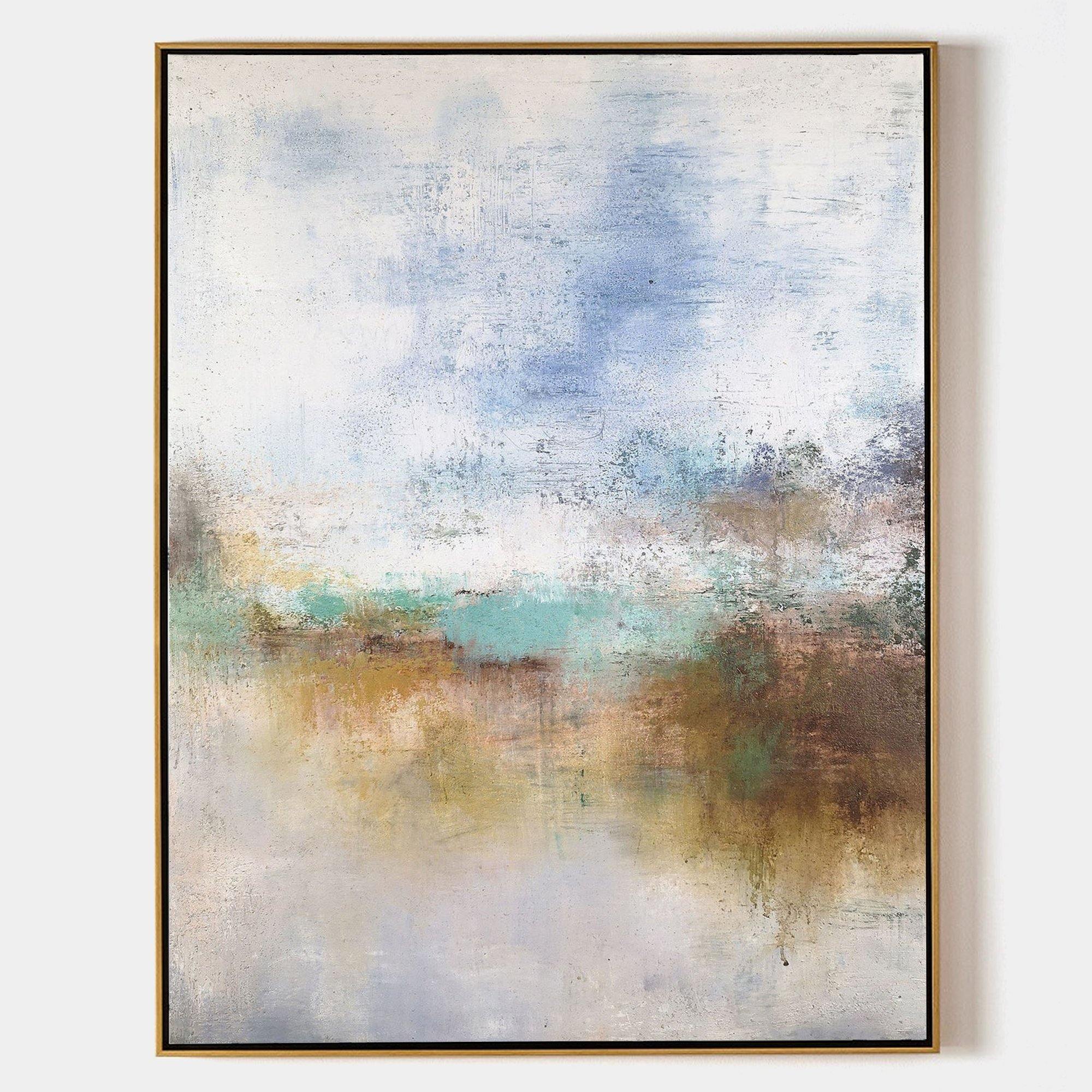 Original hand painted misty blue teal ochre abstract landscape oil painting canvas wall art, nordic scandinavian elegant luxury modern