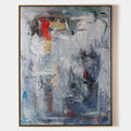 Original hand painted blue grey abstract oil painting canvas wall art, red crimson accents textured nordic scandinavian elegant luxury