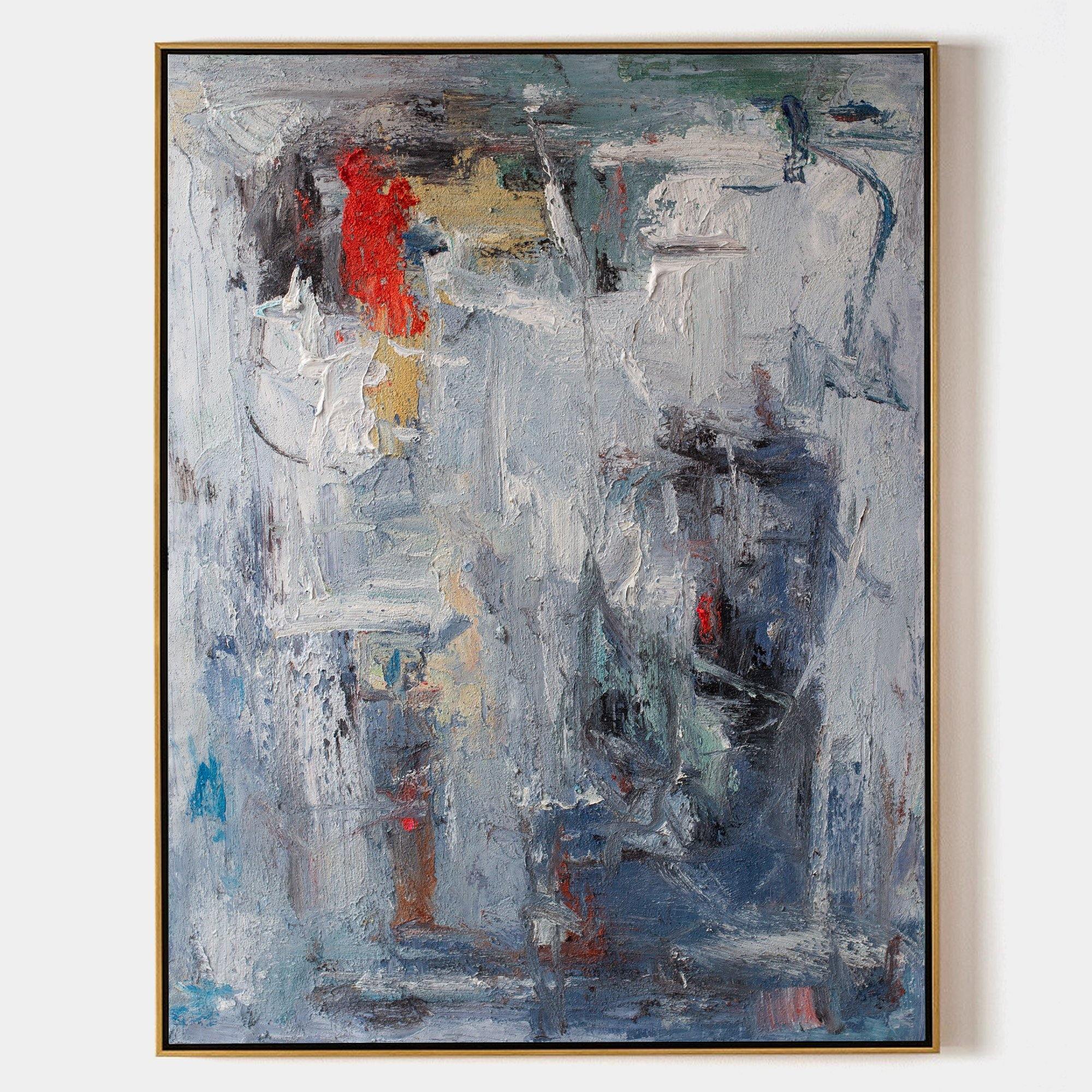 Original hand painted blue grey abstract oil painting canvas wall art, red crimson accents textured nordic scandinavian elegant luxury