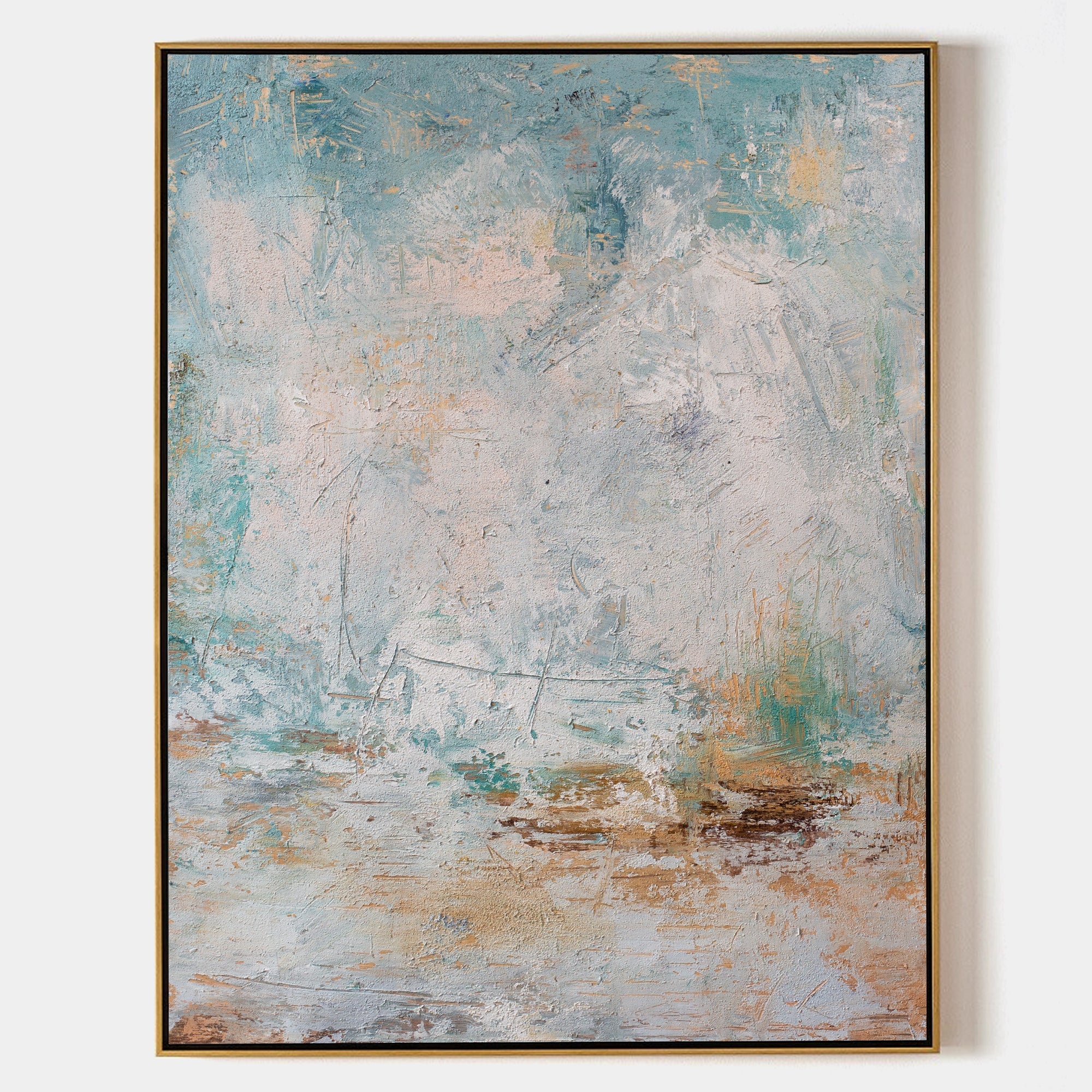 Original hand painted teal blush gold abstract coastal oil painting canvas wall art, nordic scandinavian elegant luxury modern living r