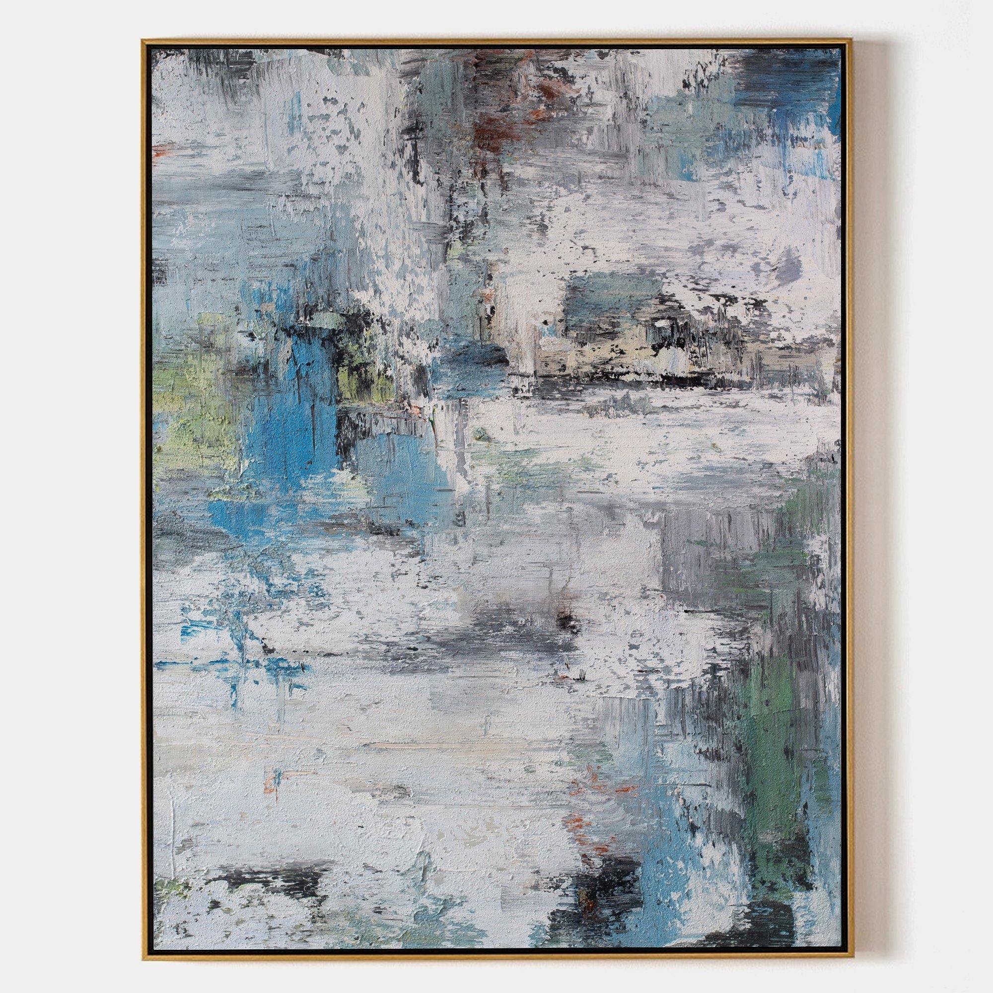 Original hand painted blue white grey abstract oil painting canvas wall art, nordic scandinavian coastal elegant luxury modern living r