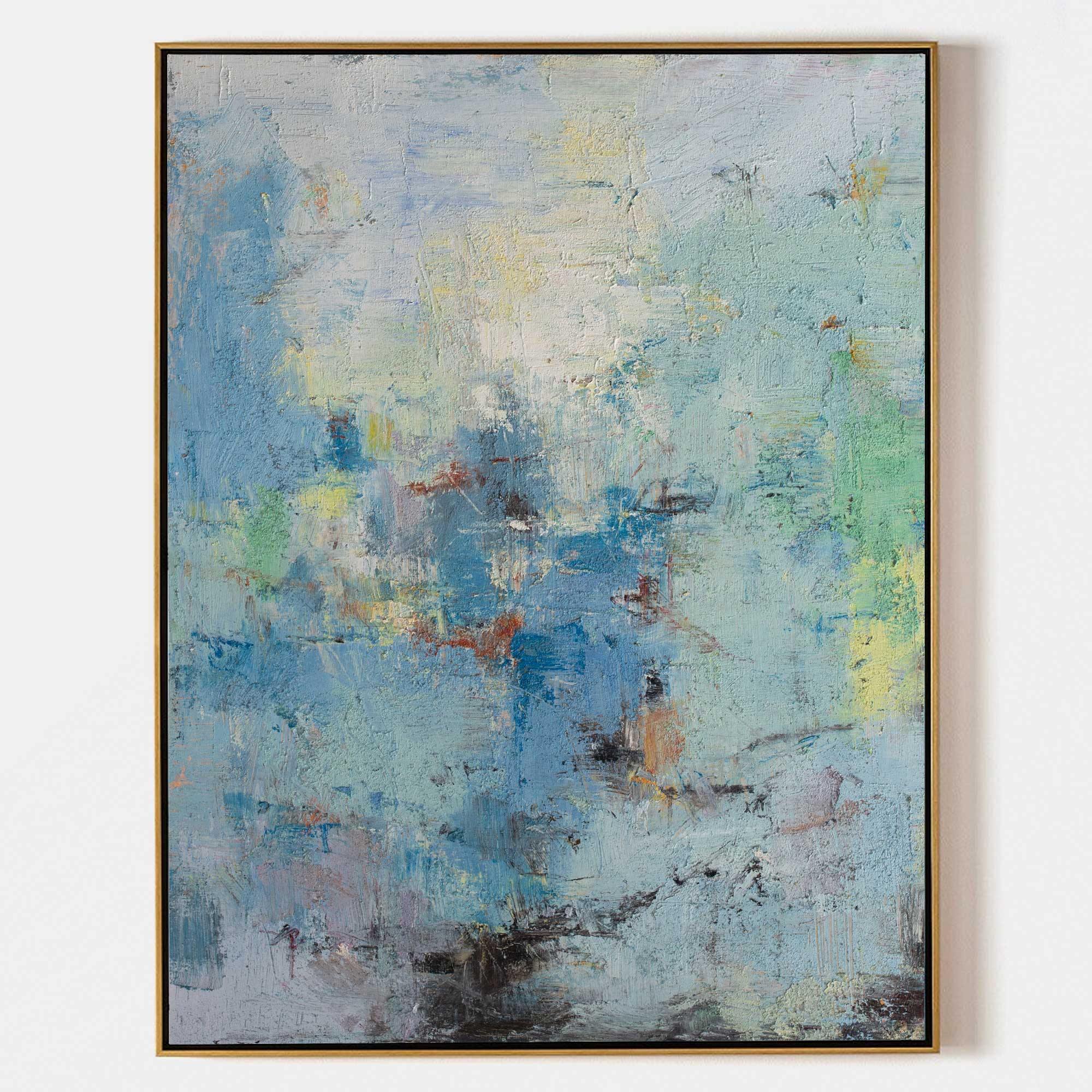 Original hand painted blue abstract oil painting canvas wall art, nordic scandinavian elegant luxury modern coastal living room interio