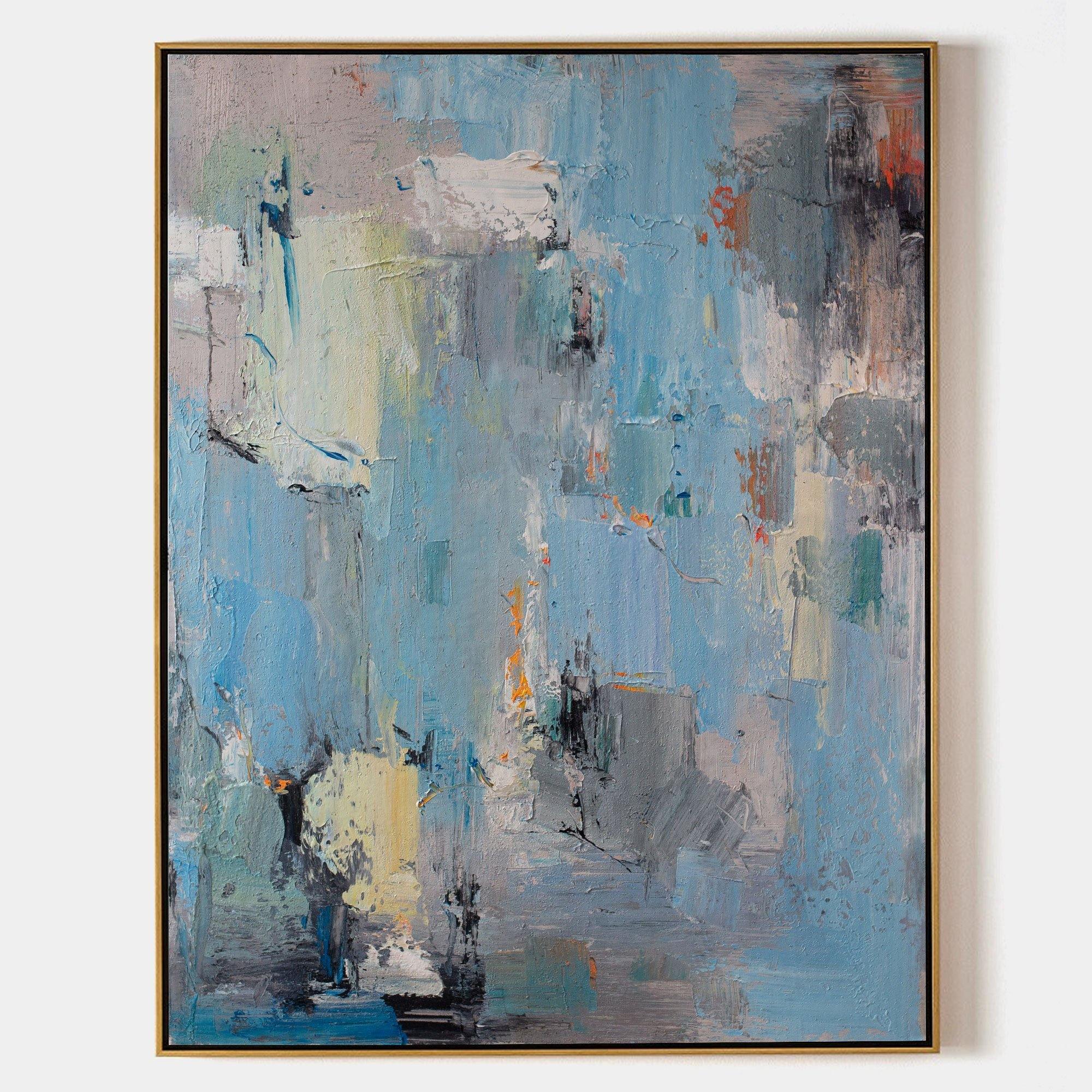Original hand painted blue grey abstract oil painting canvas wall art, textured nordic scandinavian elegant luxury modern living room h