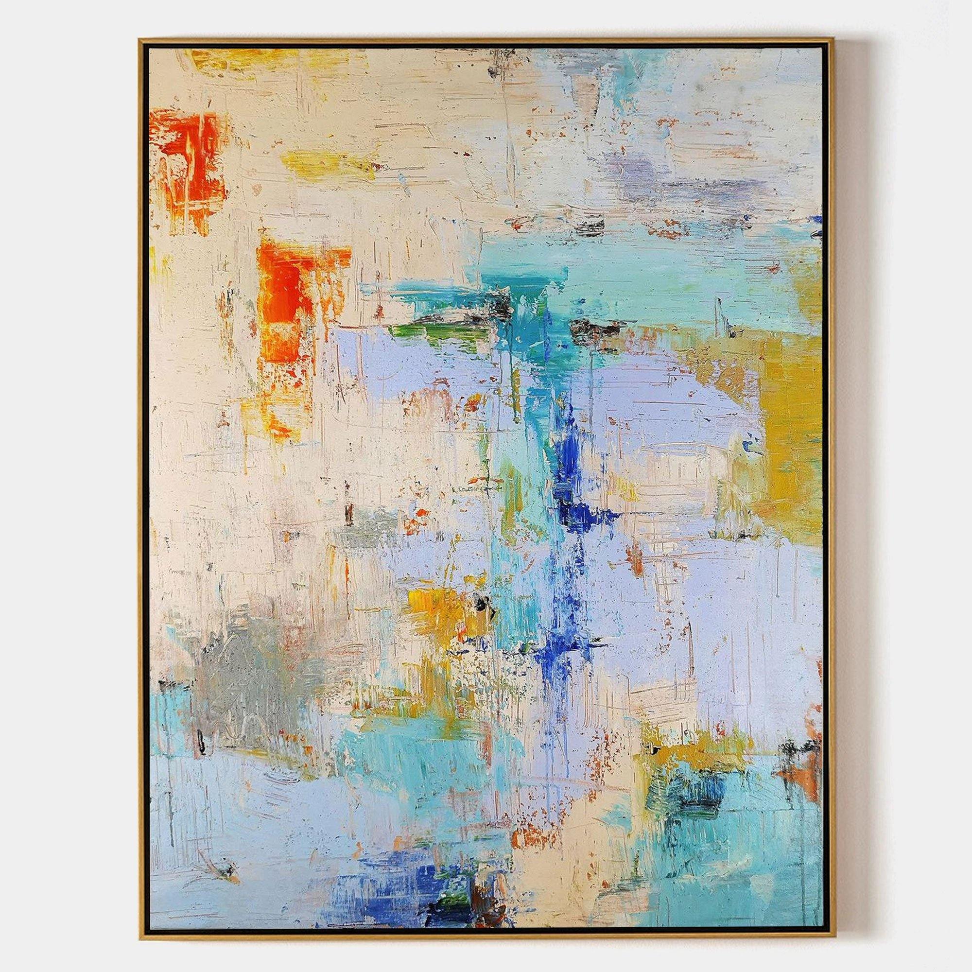 Original hand painted teal cobalt orange abstract oil painting canvas wall art, nordic scandinavian elegant luxury modern living room i