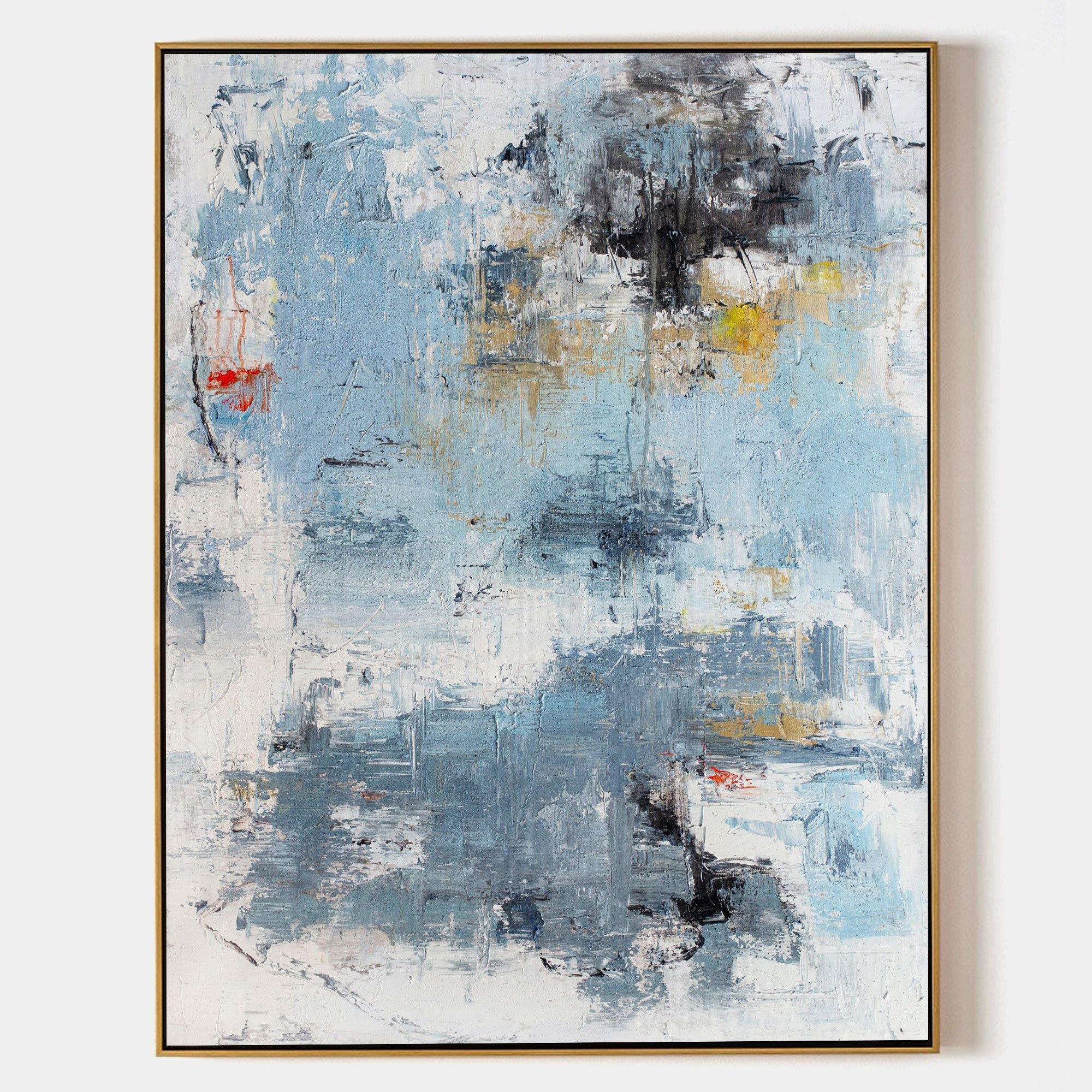 Original hand painted slate blue white abstract oil painting canvas wall art, coastal nordic scandinavian elegant luxury modern living