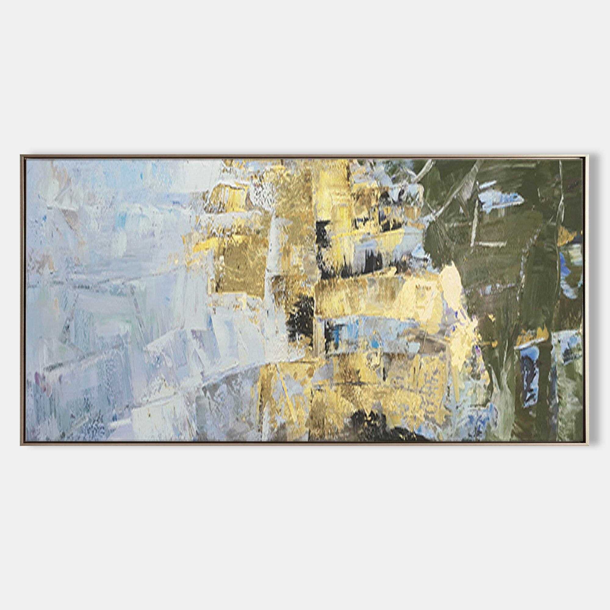 Original hand painted gold blue olive abstract oil painting canvas wall art, nordic scandinavian elegant luxury modern living room home