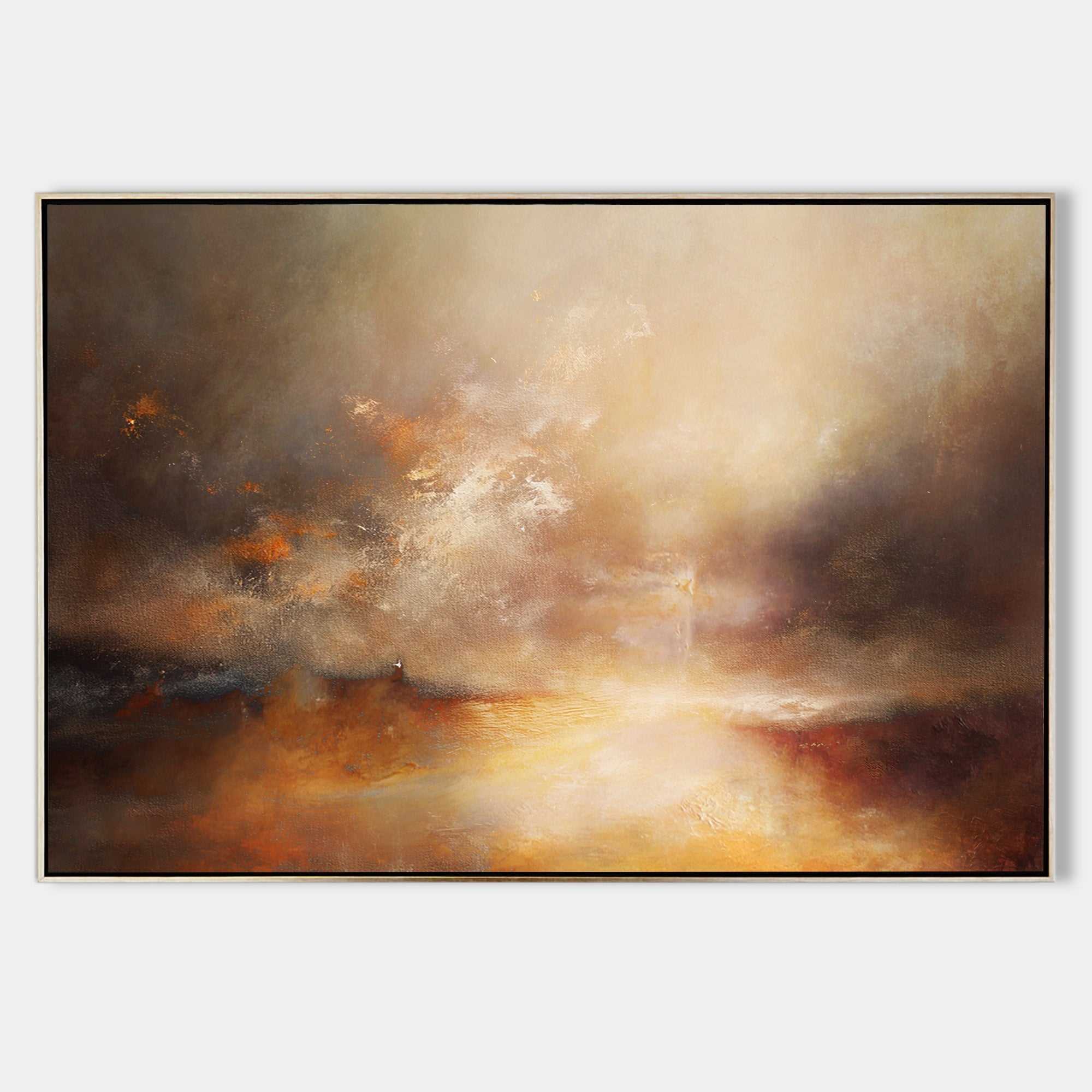 Original hand painted amber burnt orange ivory abstract atmospheric sky oil painting canvas, elegant luxury modern nordic scandinavian