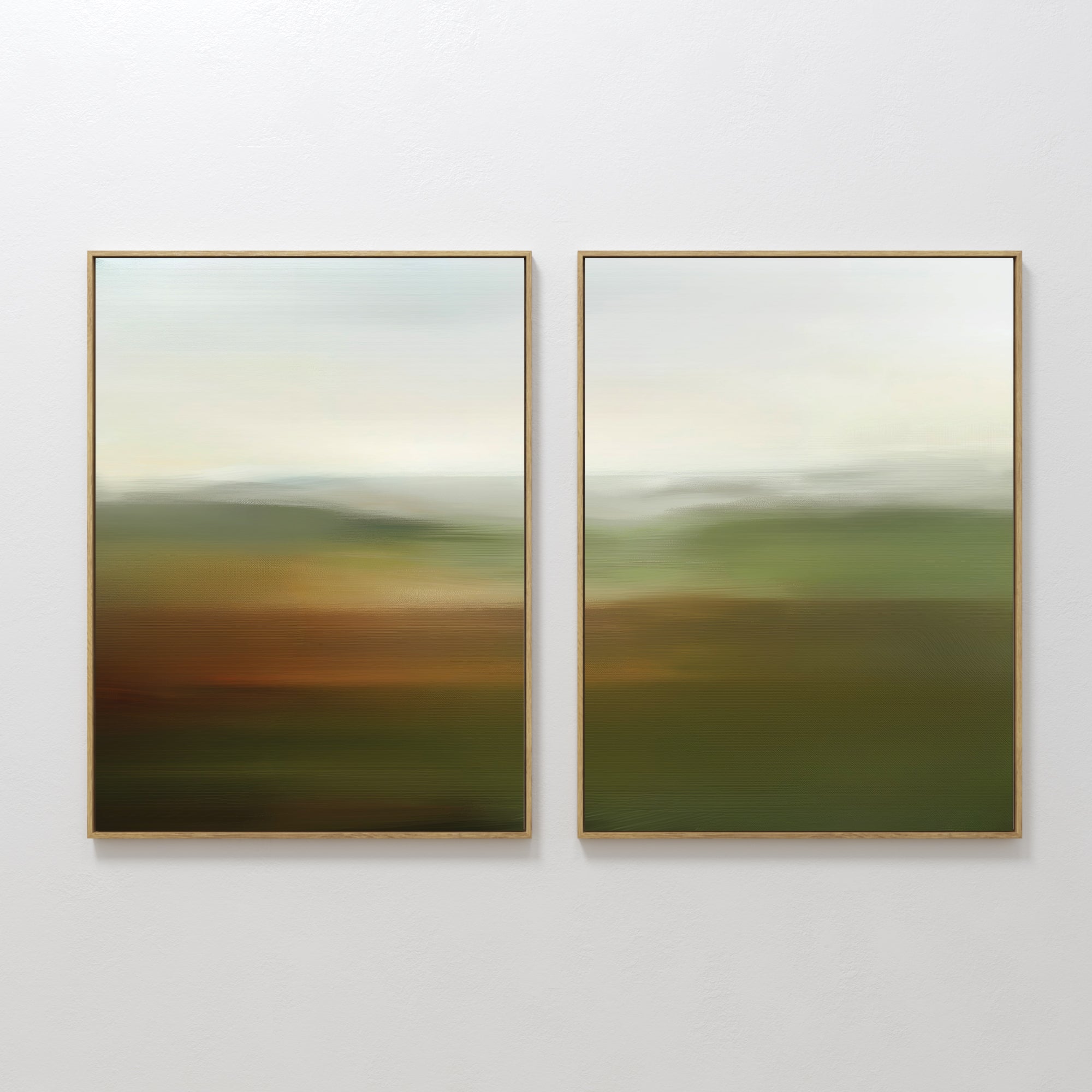 Original hand painted olive green abstract landscape oil painting canvas diptych wall art, nordic scandinavian elegant luxury modern living room home