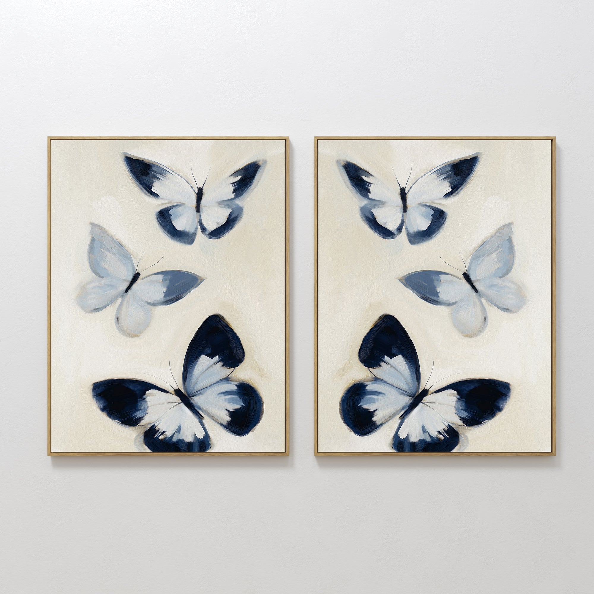Original hand painted navy blue ivory butterfly oil painting canvas wall art set of 2, nordic scandinavian elegant luxury minimalist modern bedroom ho