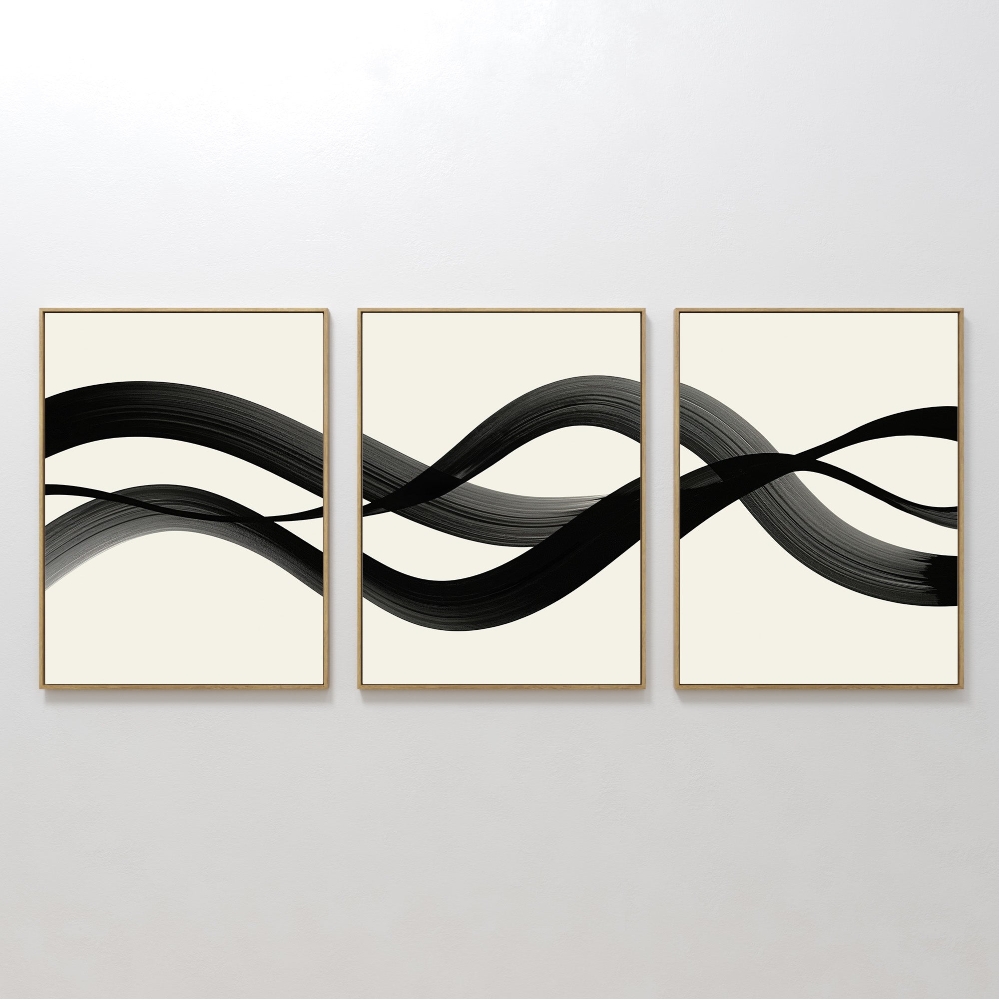 Hand painted original black ivory abstract brushstroke oil painting canvas triptych wall art, nordic scandinavian elegant luxury modern home decor int