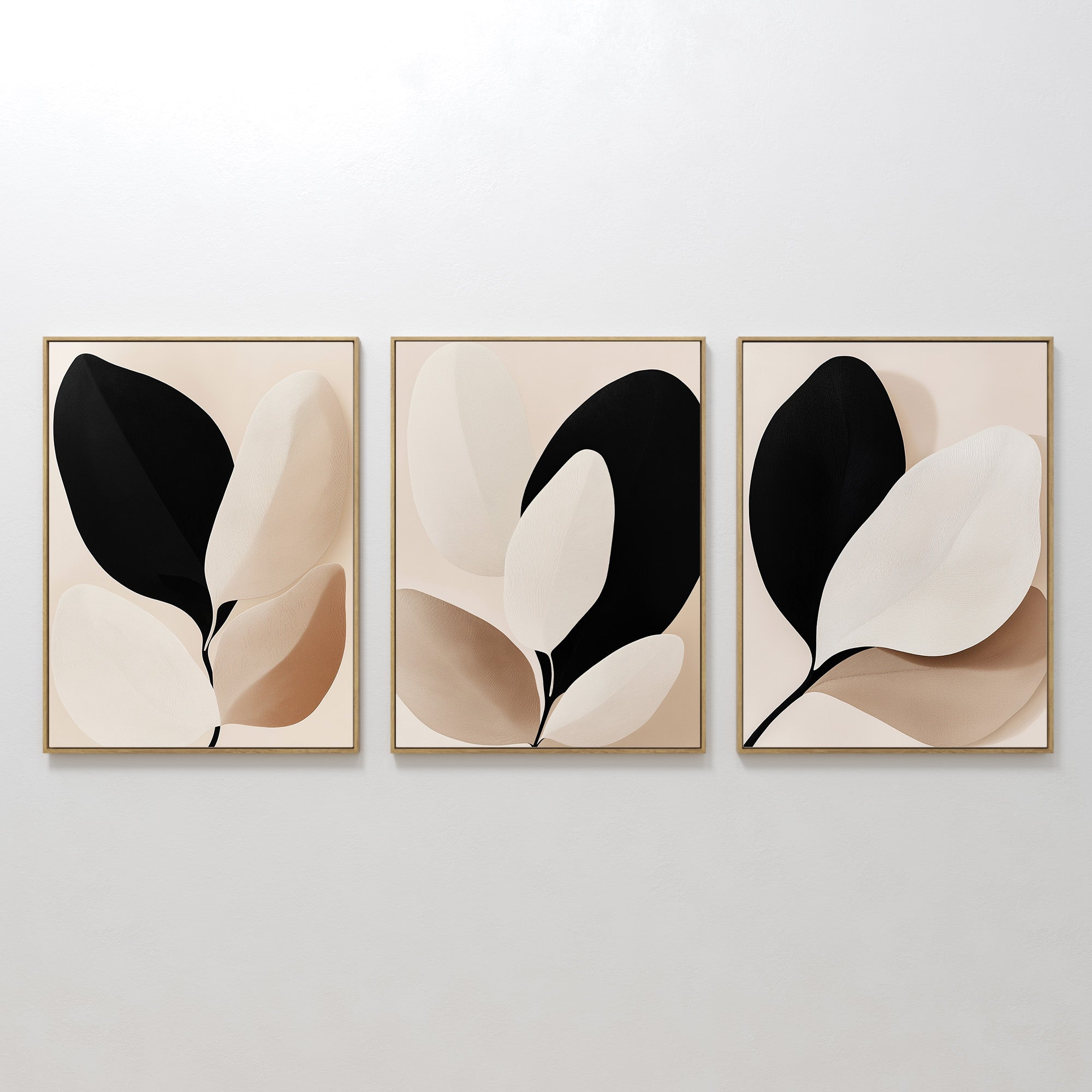 Original hand painted black and beige abstract botanical leaf oil painting canvas wall art, nordic scandinavian elegant luxury minimalist modern home