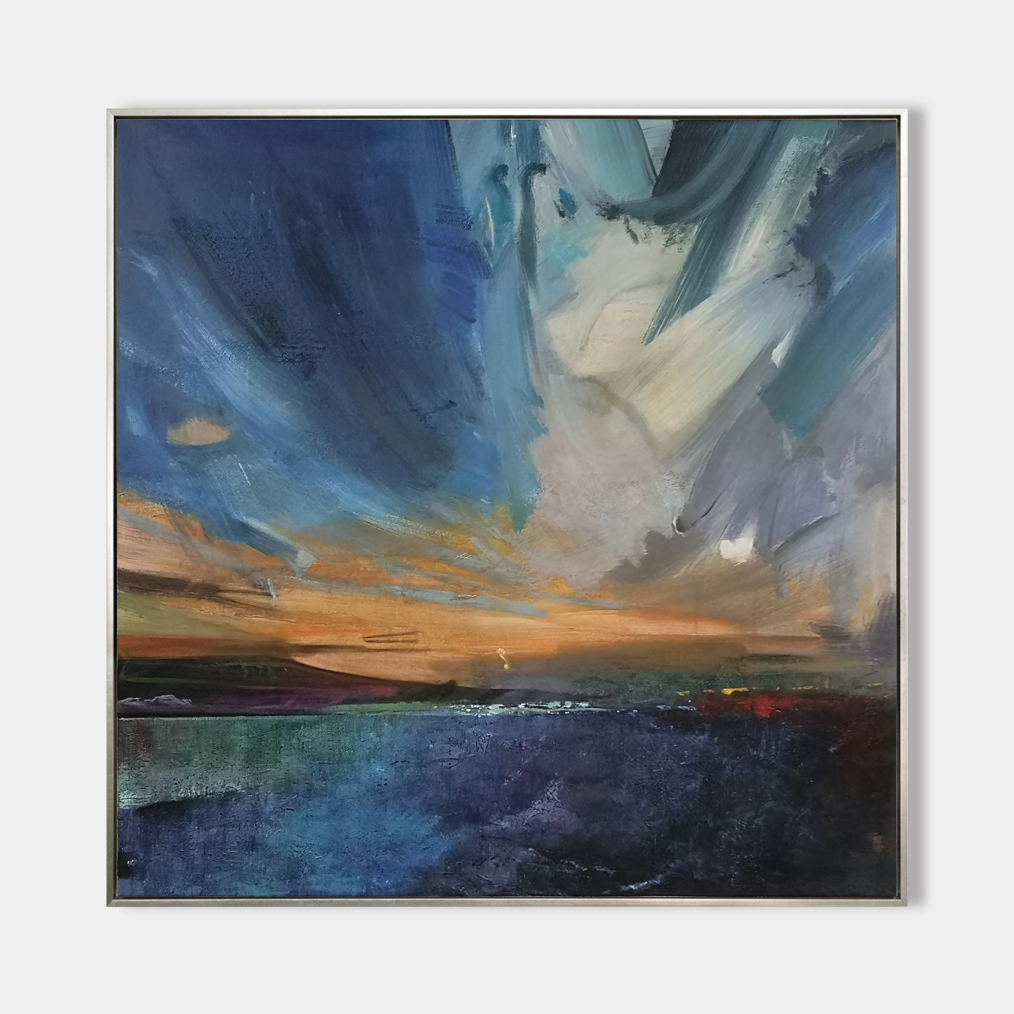 Original hand painted abstract coastal oil painting, stormy navy blue teal sunset sky canvas wall art, elegant luxury modern nordic sca