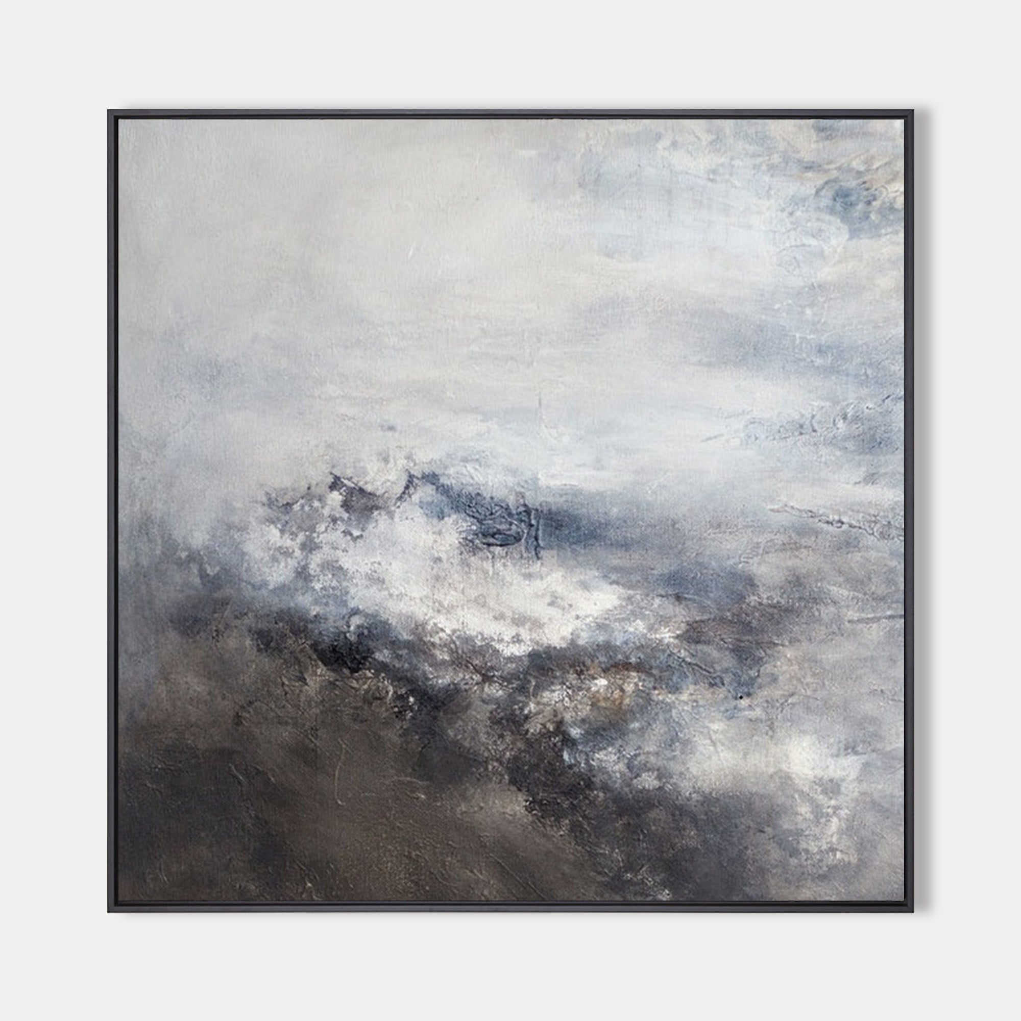 Original hand painted grey charcoal misty abstract landscape oil painting canvas, nordic scandinavian elegant luxury modern home decor