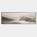 Original hand painted taupe grey misty mountain lake panoramic oil painting canvas wall art, nordic scandinavian minimalist elegant lux