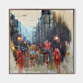 Hand painted original abstract oil painting canvas, dark moody cityscape red amber street lights luxury modern elegant home decor wall
