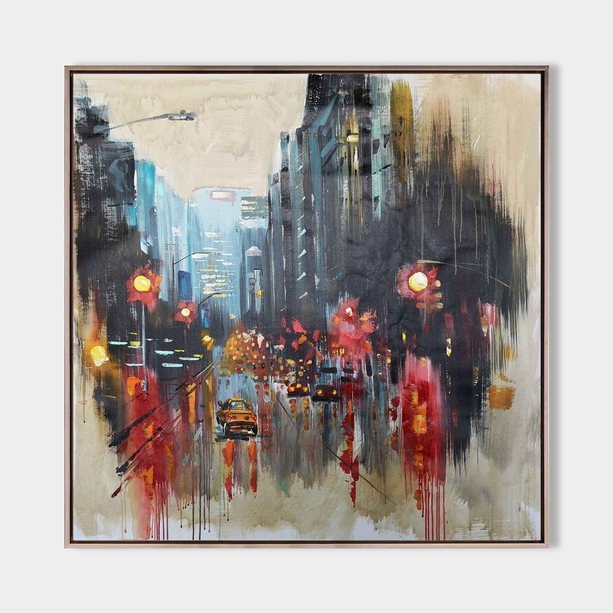 Hand painted original abstract oil painting canvas, dark moody cityscape red amber street lights luxury modern elegant home decor wall