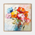 Original hand painted colorful floral abstract oil painting canvas wall art, red orange pink blue blooms, elegant luxury modern nordic