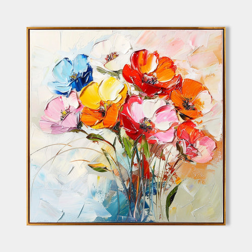 Original hand painted colorful floral abstract oil painting canvas wall art, red orange pink blue blooms, elegant luxury modern nordic