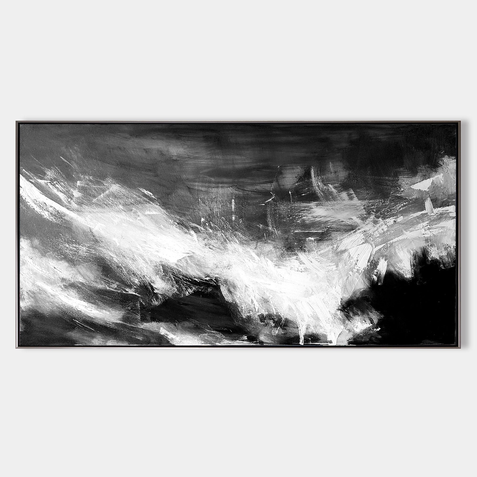 Original hand painted black white abstract oil painting canvas, turbulent wave brushstrokes, elegant luxury modern nordic scandinavian