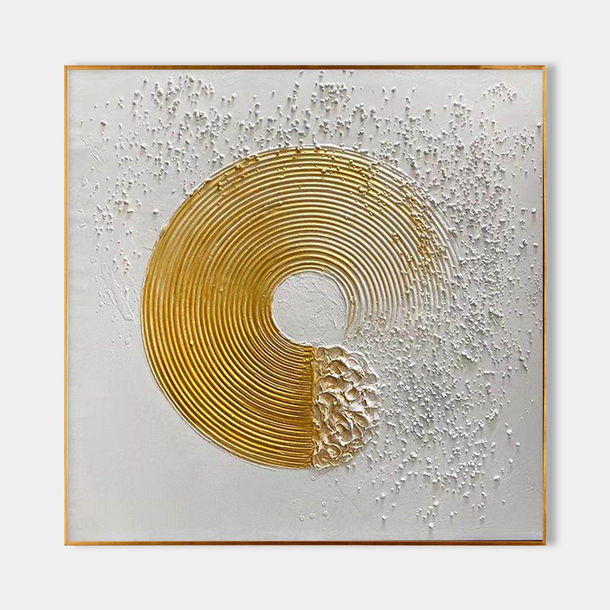 Original hand painted gold circular abstract oil painting canvas wall art, textured ivory nordic scandinavian minimalist elegant luxury