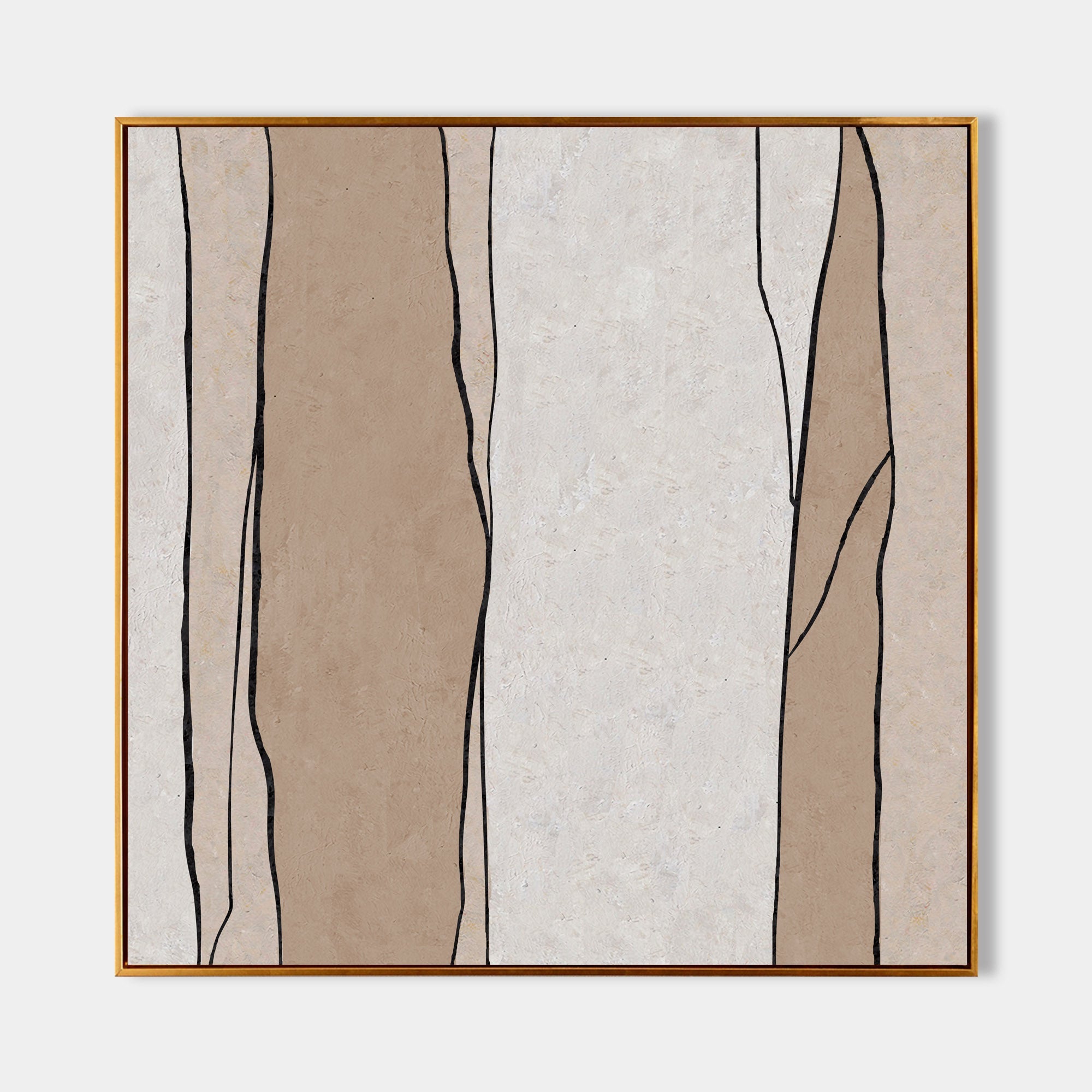 Original hand painted beige abstract oil painting canvas wall art, black line organic shapes nordic scandinavian minimalist elegant lux