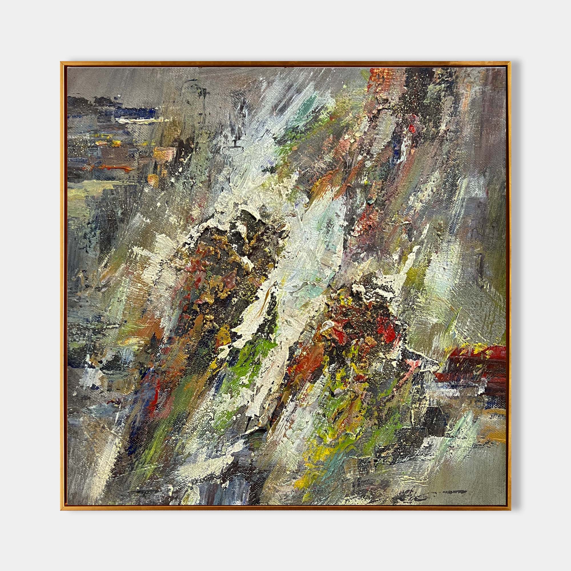Original hand painted abstract oil painting canvas, textured earthy sienna ivory green red mountain landscape, elegant luxury modern no