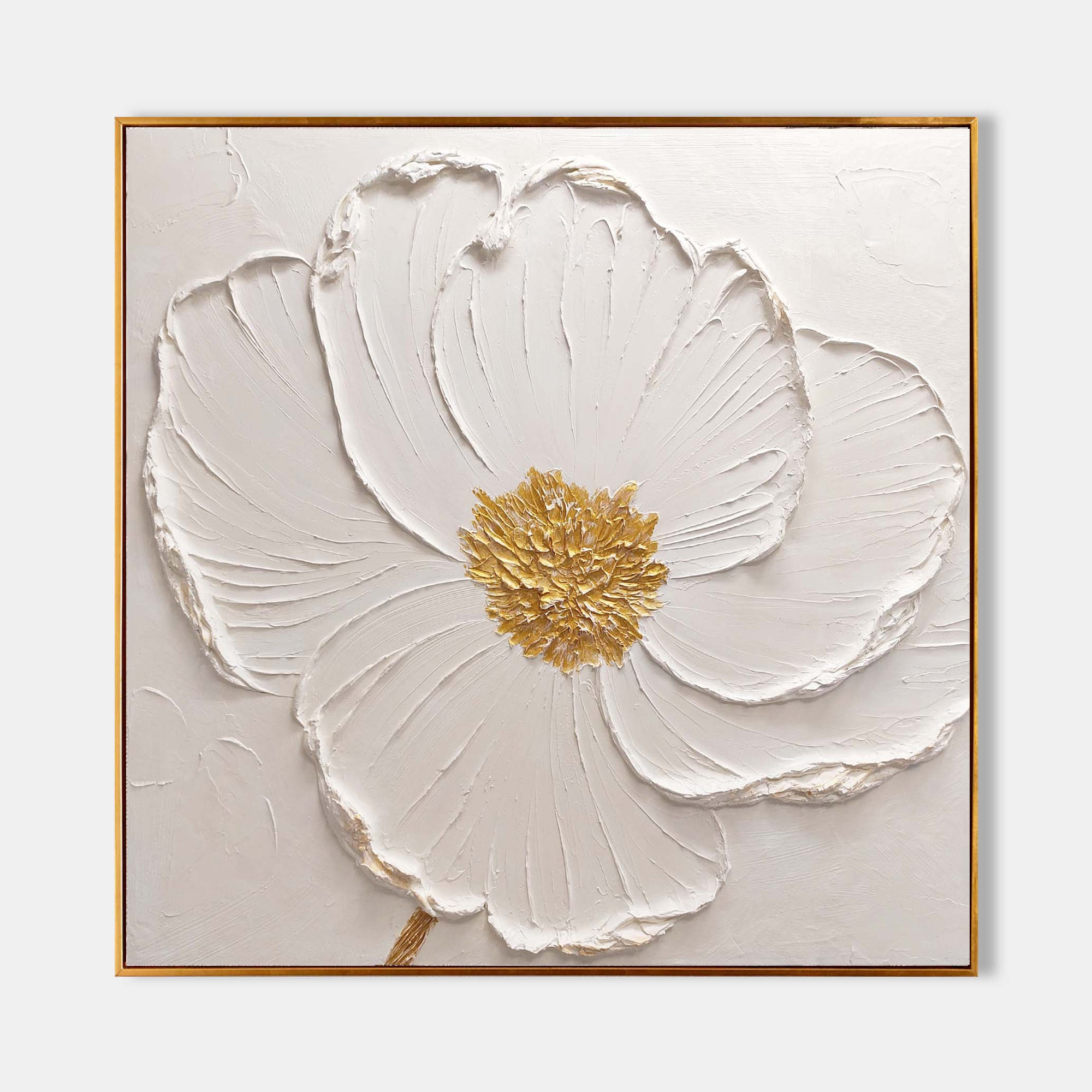 Original hand painted white textured floral oil painting gold centre canvas wall art, nordic scandinavian minimalist elegant luxury mod