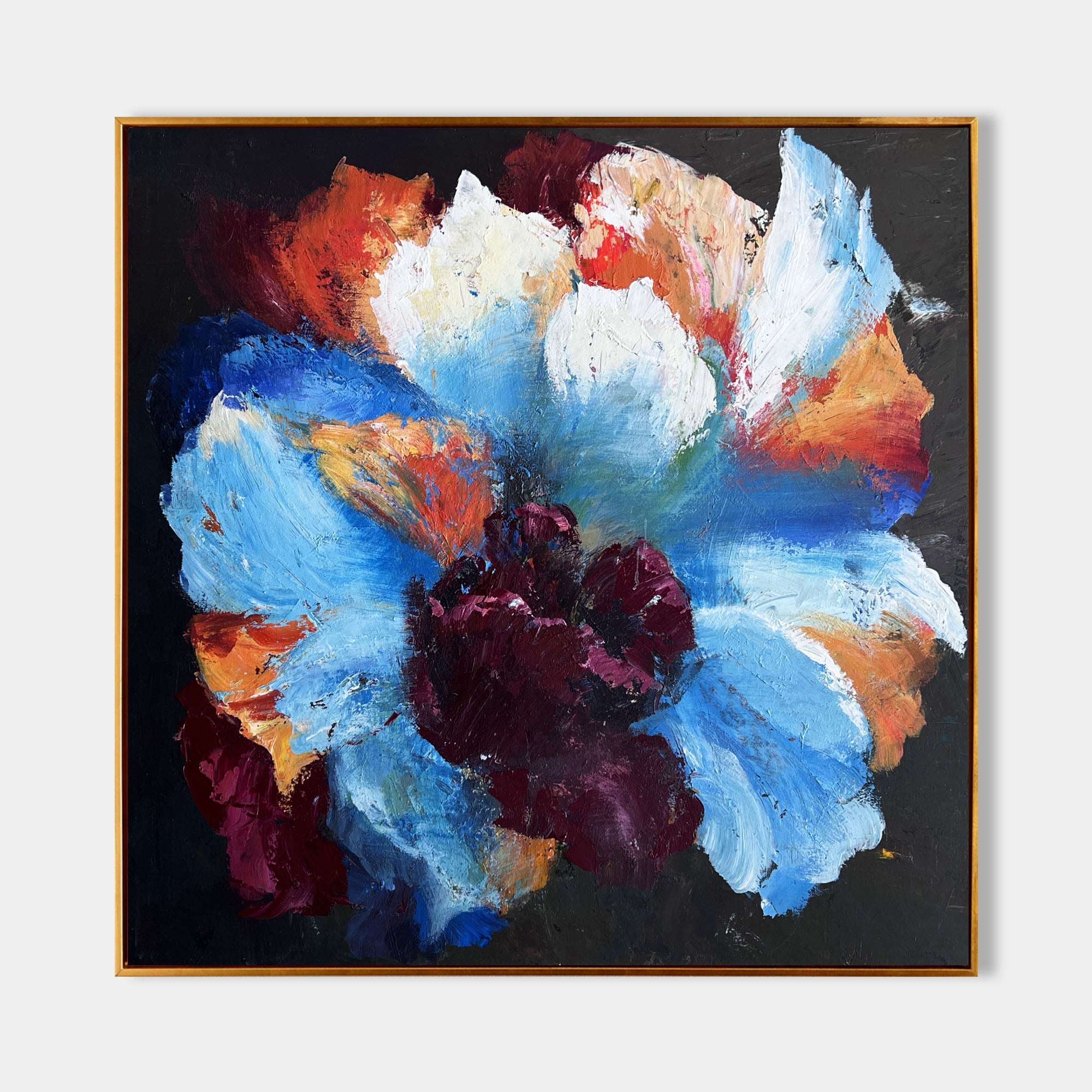 Original hand painted abstract floral oil painting canvas wall art, vibrant blue crimson gold petals, elegant luxury modern nordic scan