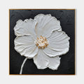 Original hand painted white botanical flower oil painting canvas wall art, gold centre black background, nordic scandinavian elegant lu