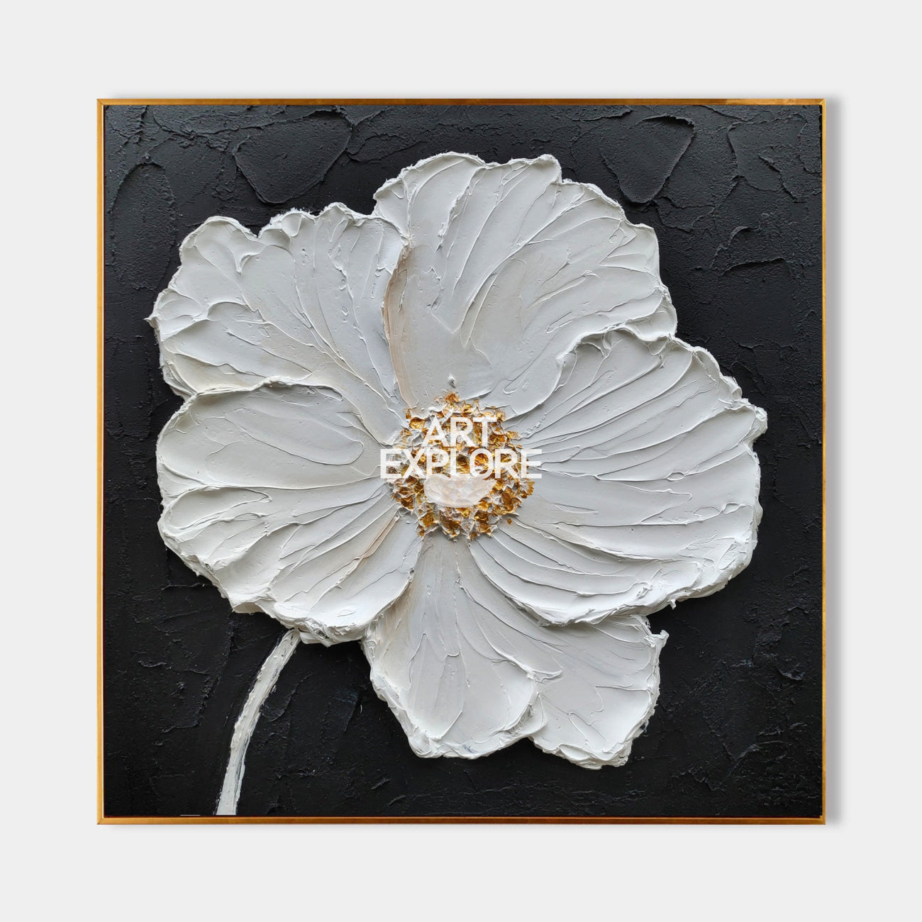 Original hand painted white botanical flower oil painting canvas wall art, gold centre black background, nordic scandinavian elegant lu