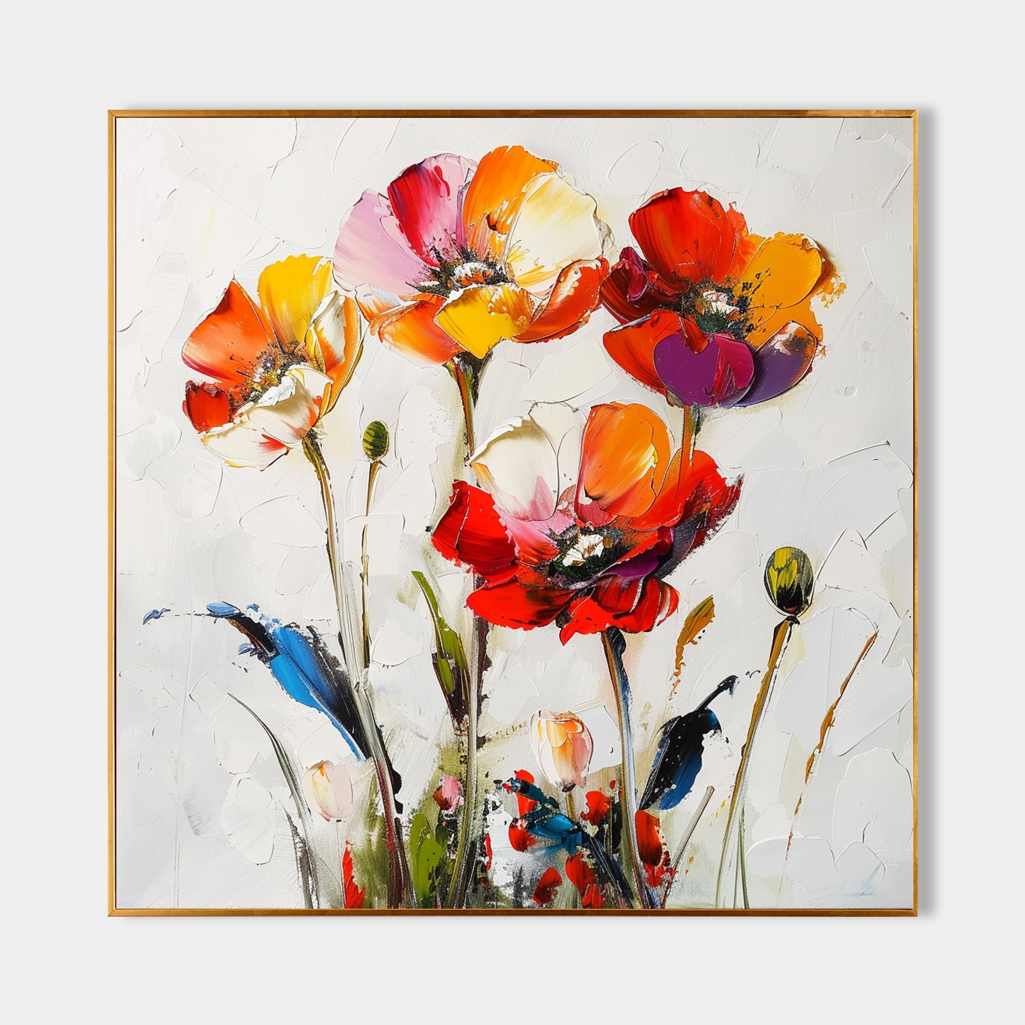 Original hand painted crimson orange pink poppy floral oil painting canvas wall art, modern elegant luxury botanical nordic scandinavia
