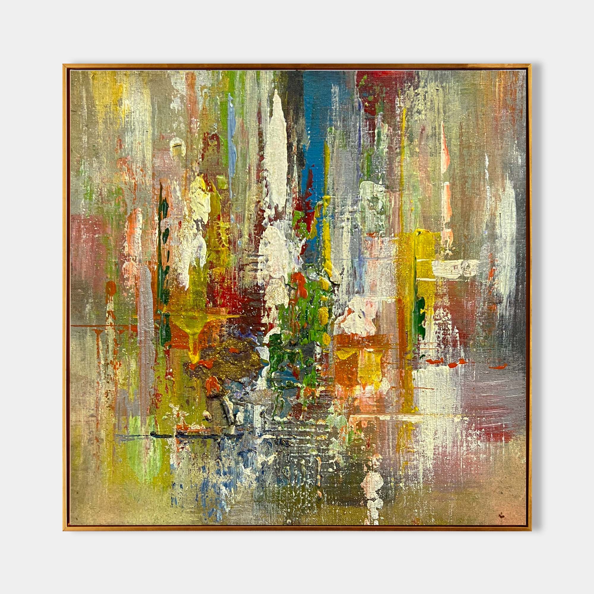 Original hand painted gold crimson blue abstract oil painting canvas wall art, modern elegant luxury textured impasto nordic scandinavi