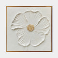 Original hand painted white textured floral oil painting canvas wall art, gold centre bloom, nordic scandinavian minimalist elegant lux