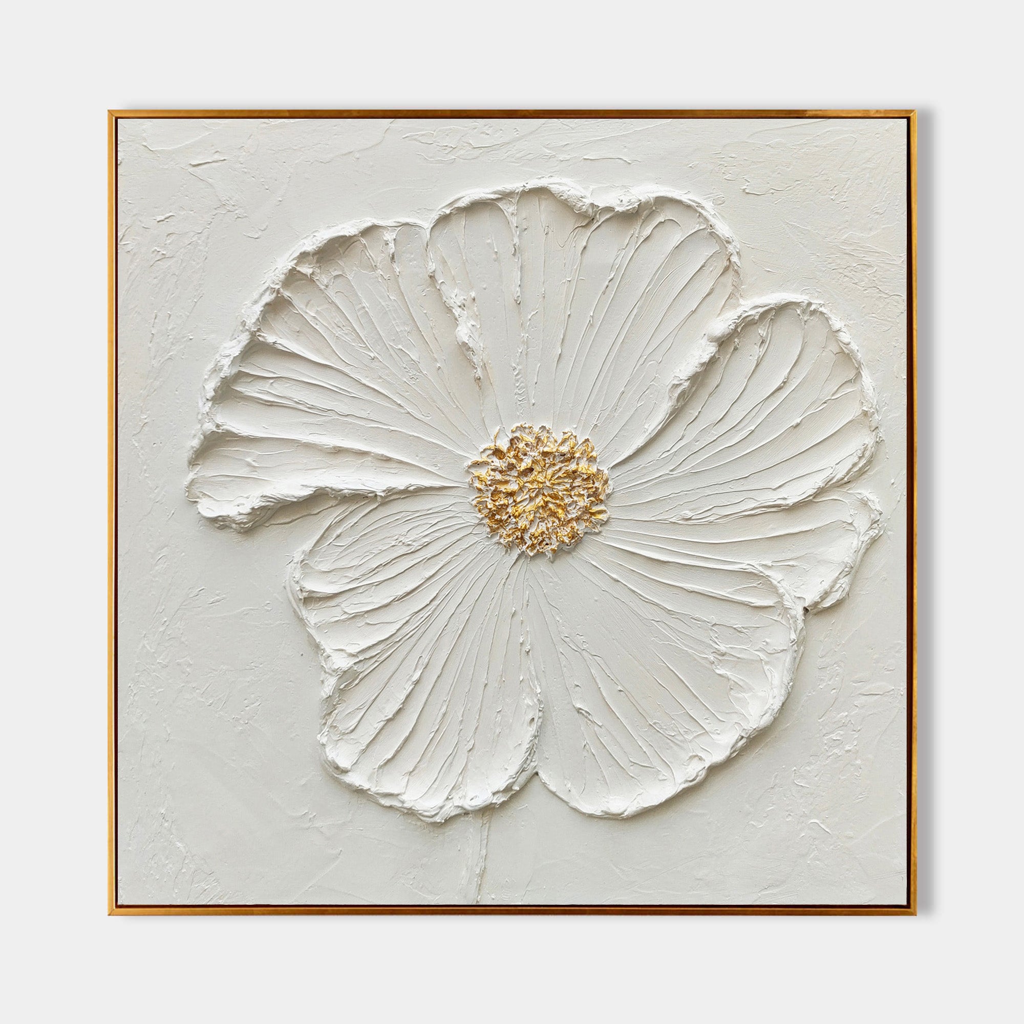 Original hand painted white textured floral oil painting canvas wall art, gold centre bloom, nordic scandinavian minimalist elegant lux