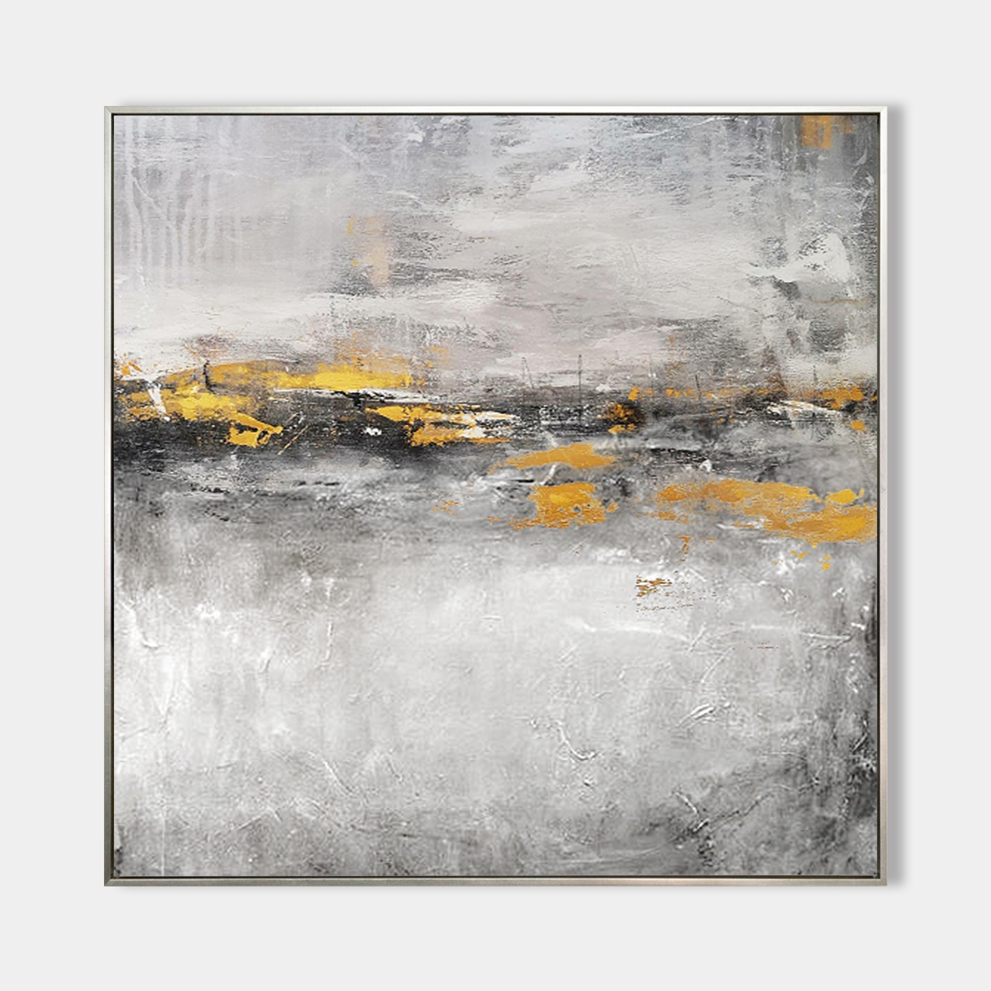Original hand painted grey gold abstract oil painting canvas wall art, textured nordic scandinavian minimalist elegant luxury modern li