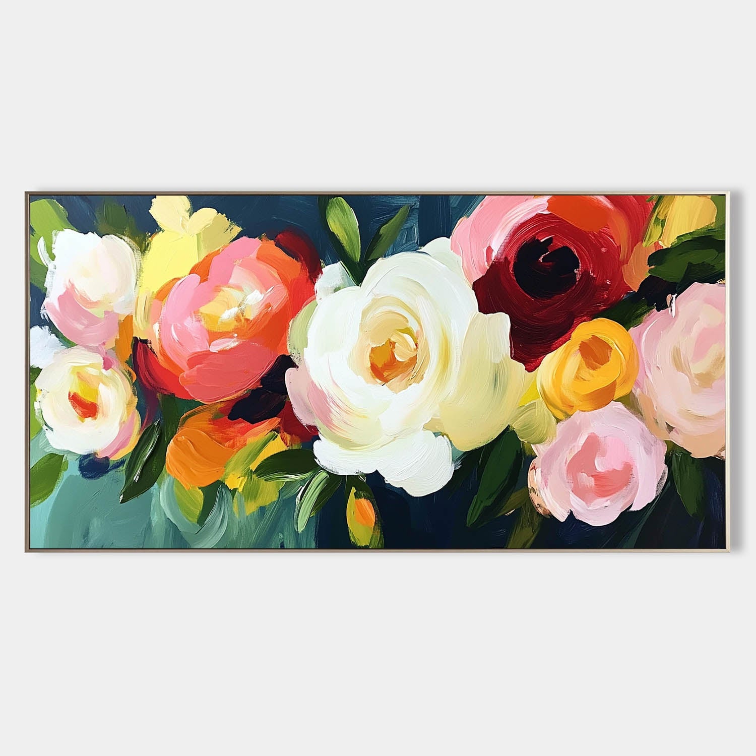 Original hand painted colorful floral abstract oil painting canvas, white pink red roses navy background, elegant luxury modern nordic
