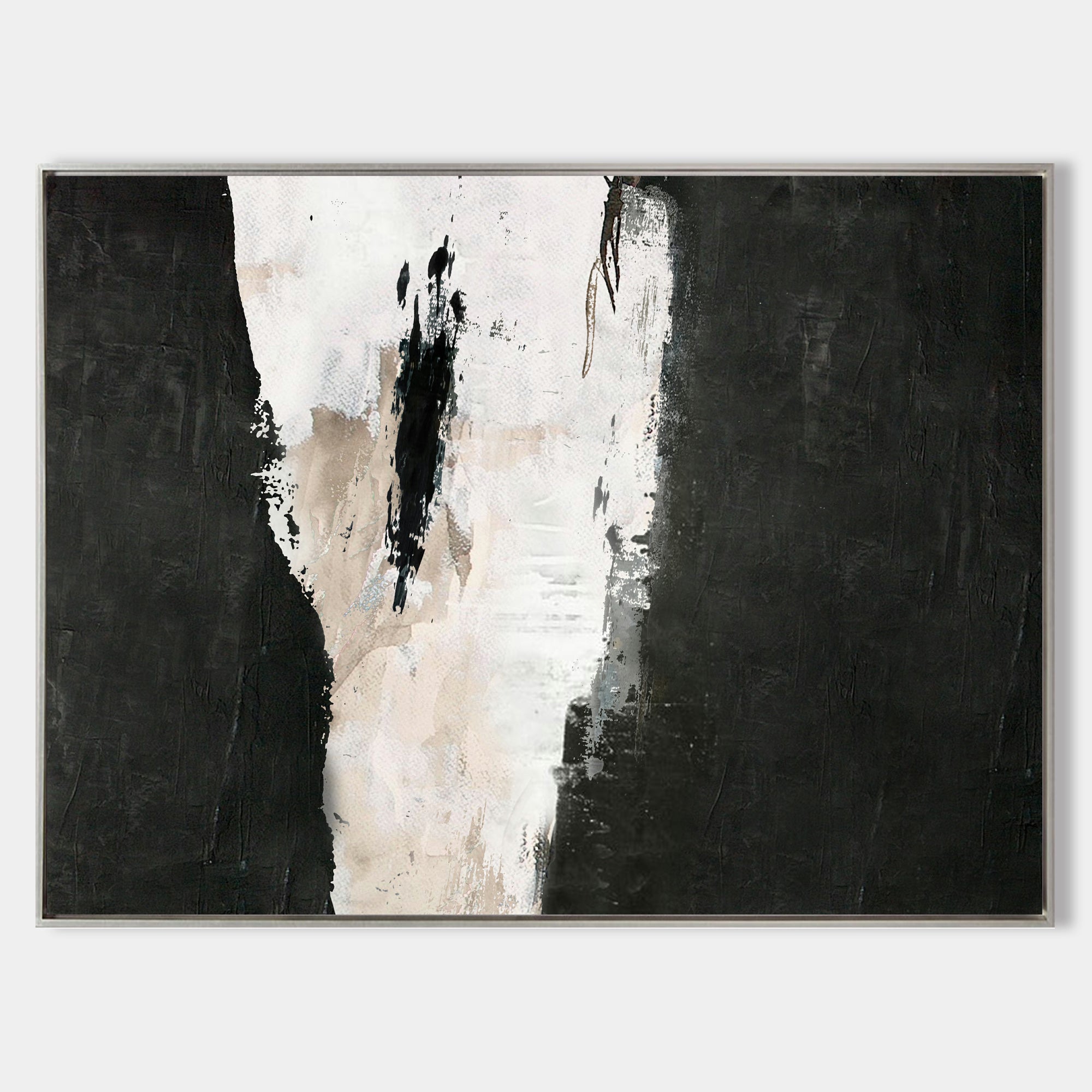 Original hand painted black ivory abstract oil painting canvas wall art, nordic scandinavian minimalist elegant luxury modern living ro
