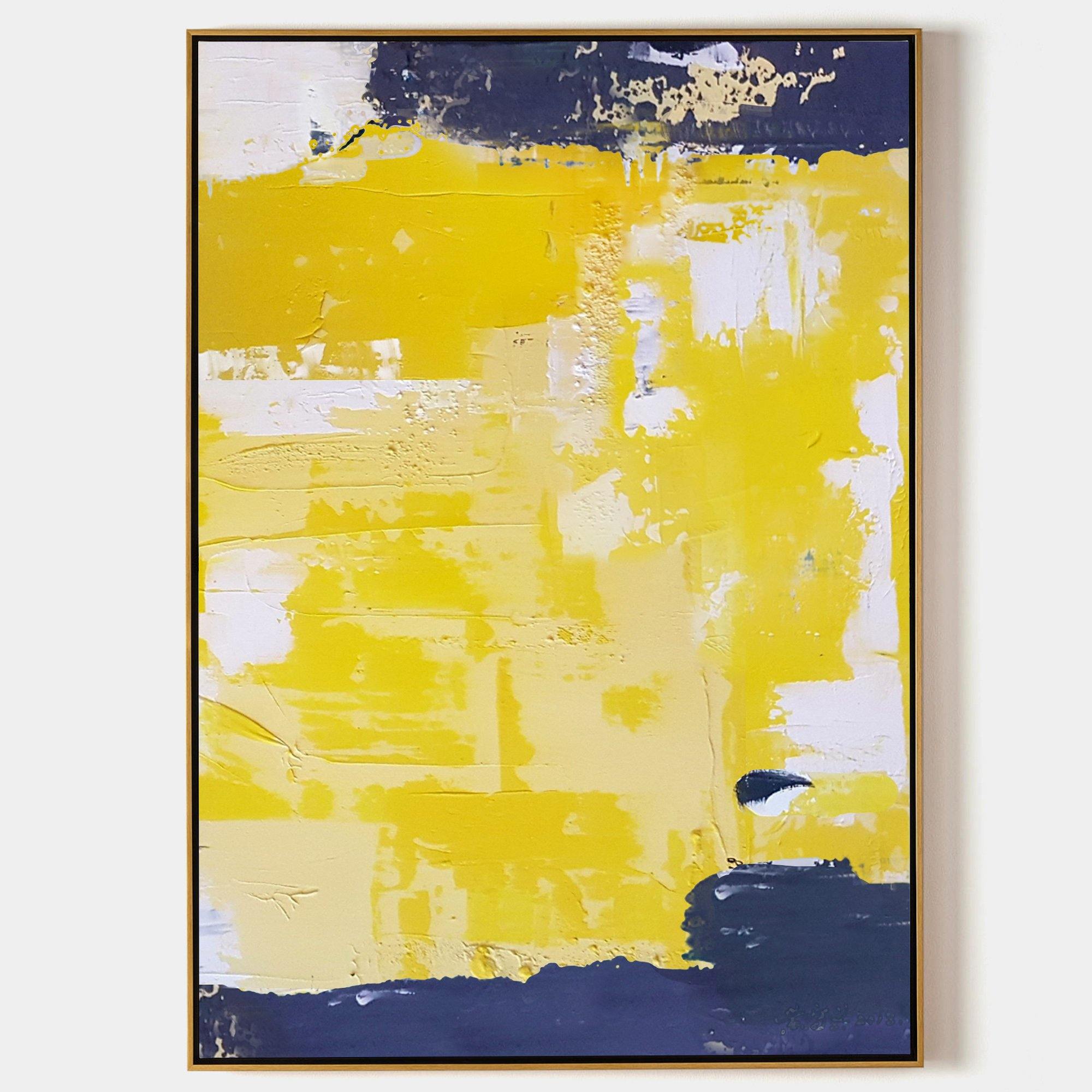 Original hand painted yellow navy blue abstract oil painting canvas wall art, textured nordic scandinavian elegant luxury modern living
