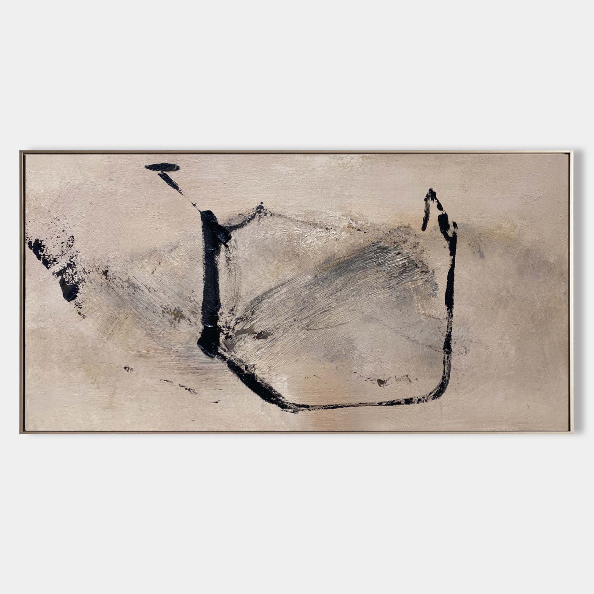 Original hand painted beige abstract oil painting bold black brushstrokes minimalist canvas wall art nordic scandinavian elegant luxury