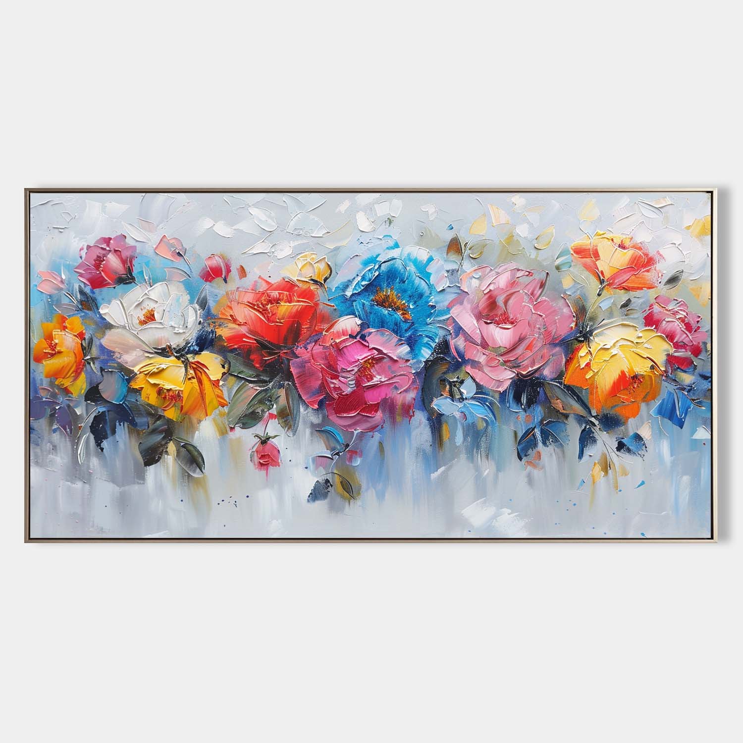 Original hand painted colorful floral abstract oil painting canvas wall art, pink red blue gold blooms, elegant luxury modern nordic sc