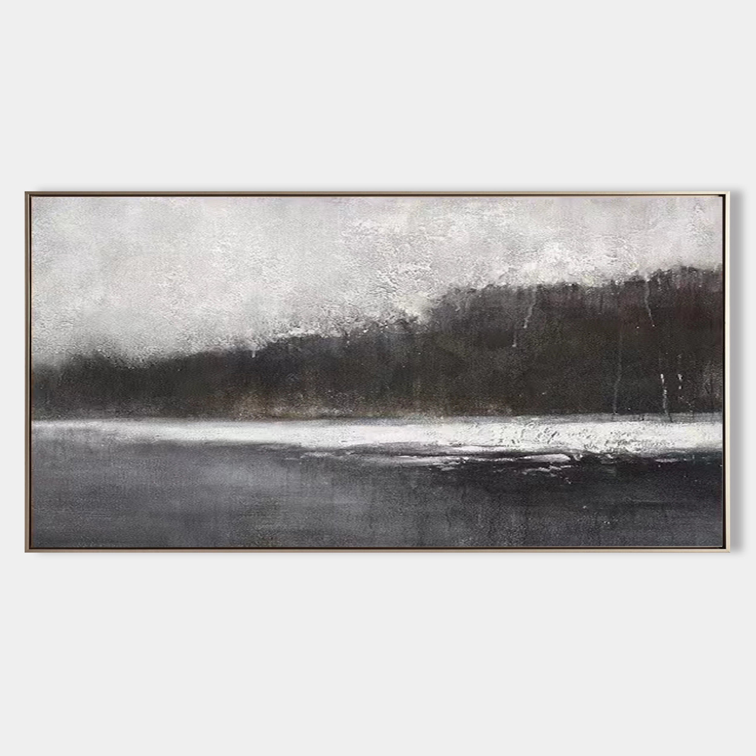 Original hand painted charcoal grey abstract landscape oil painting canvas, misty treeline nordic scandinavian minimalist elegant luxur