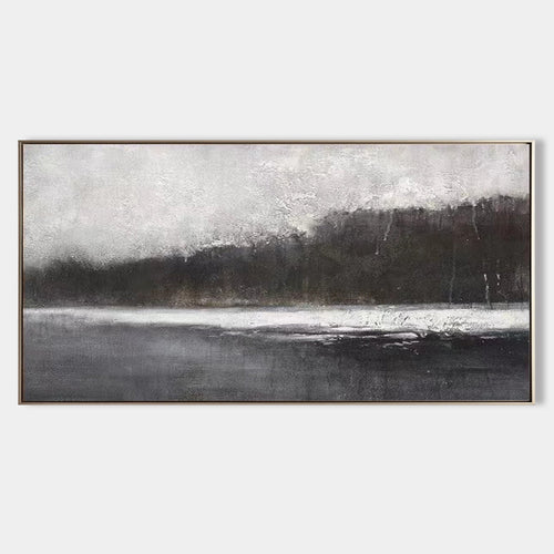 Original hand painted charcoal grey abstract landscape oil painting canvas, misty treeline nordic scandinavian minimalist elegant luxur