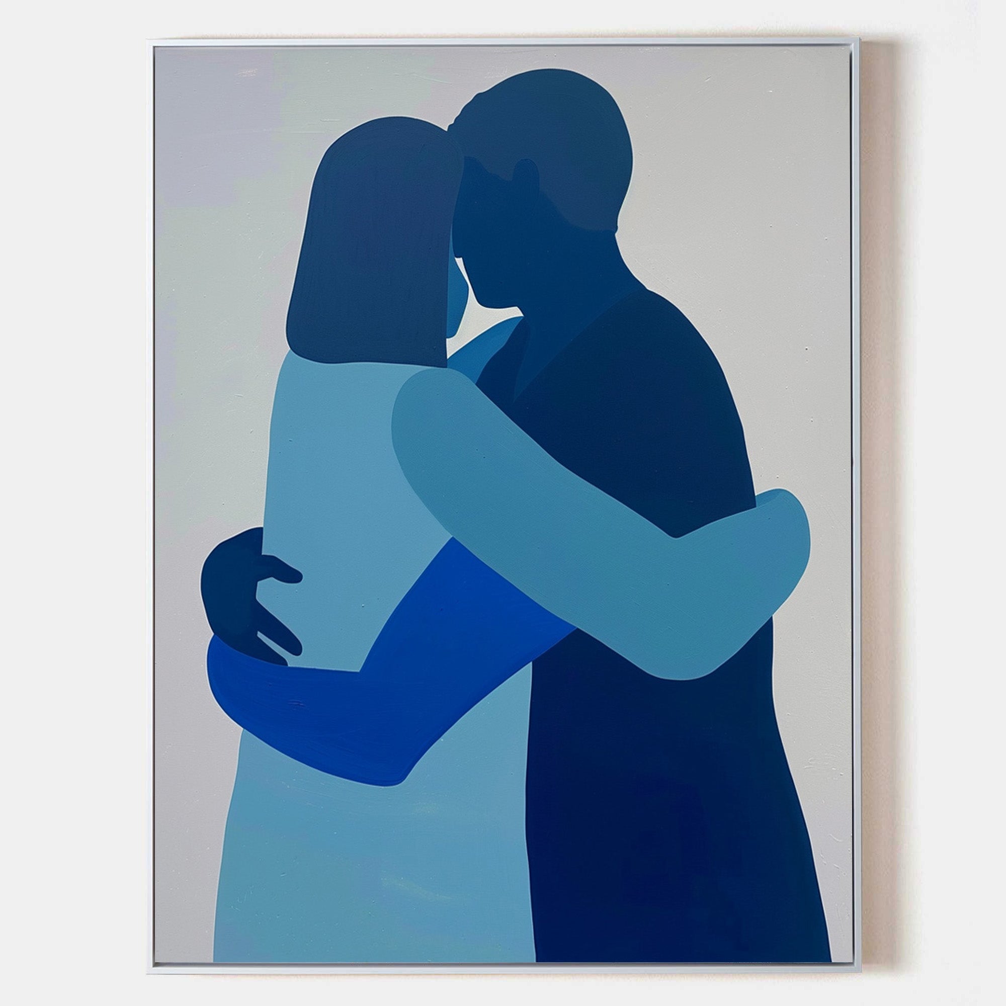 Original hand painted navy blue abstract couple embrace oil painting canvas wall art, nordic scandinavian minimalist elegant luxury mod