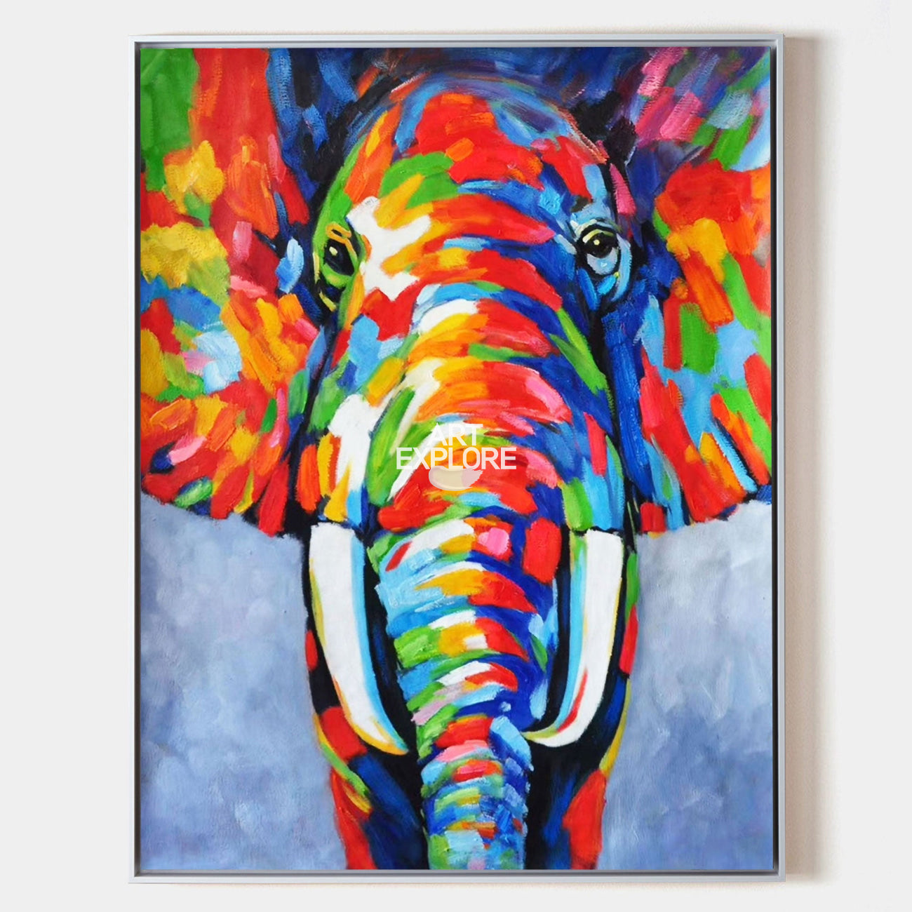 Original hand painted abstract colorful elephant oil painting canvas wall art, modern elegant luxury bold multicolor living room interi