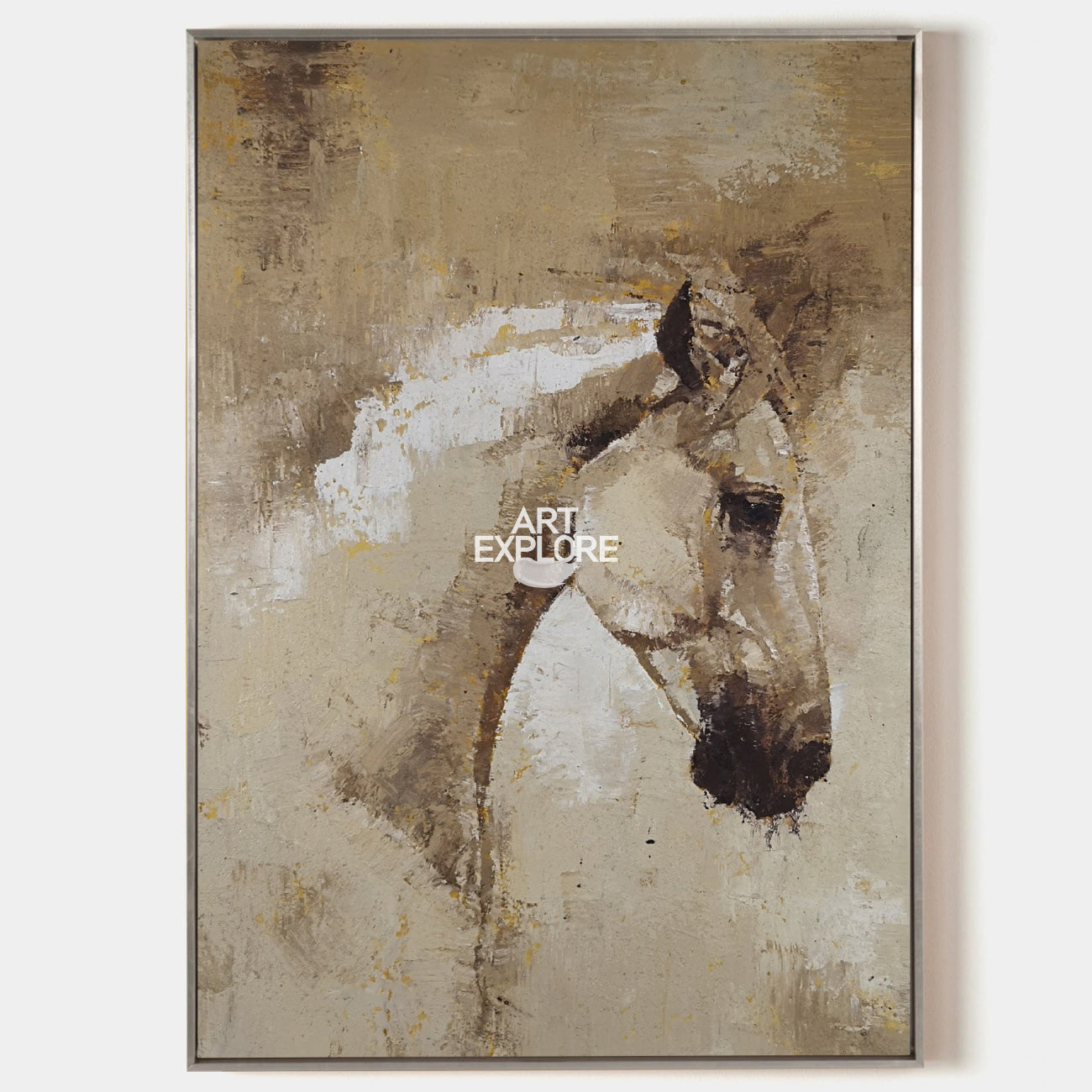 Original hand painted abstract horse portrait oil painting canvas, warm taupe gold tones, elegant luxury nordic scandinavian modern liv