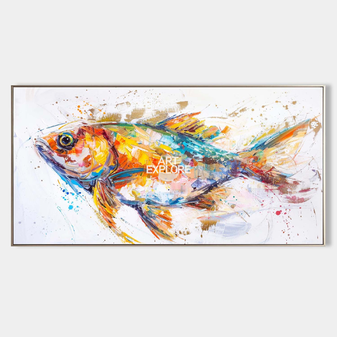 Original hand painted colorful fish abstract oil painting canvas wall art, bold orange teal gold coastal elegant luxury modern home dec