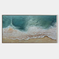 Original hand painted teal coastal abstract oil painting canvas wall art, aerial ocean waves sandy shore elegant luxury modern nordic s