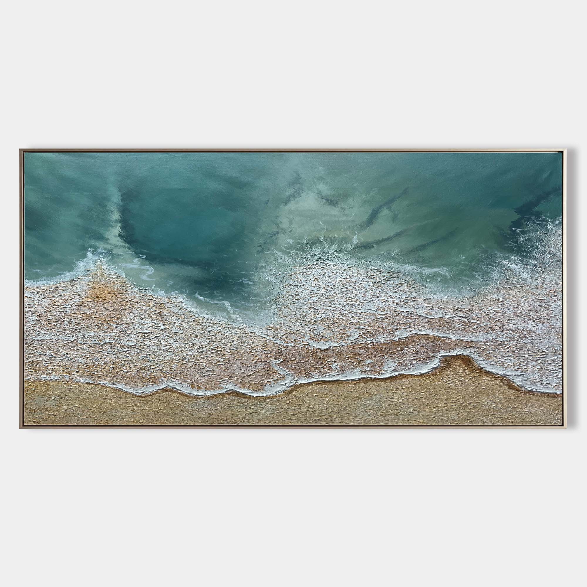 Original hand painted teal coastal abstract oil painting canvas wall art, aerial ocean waves sandy shore elegant luxury modern nordic s